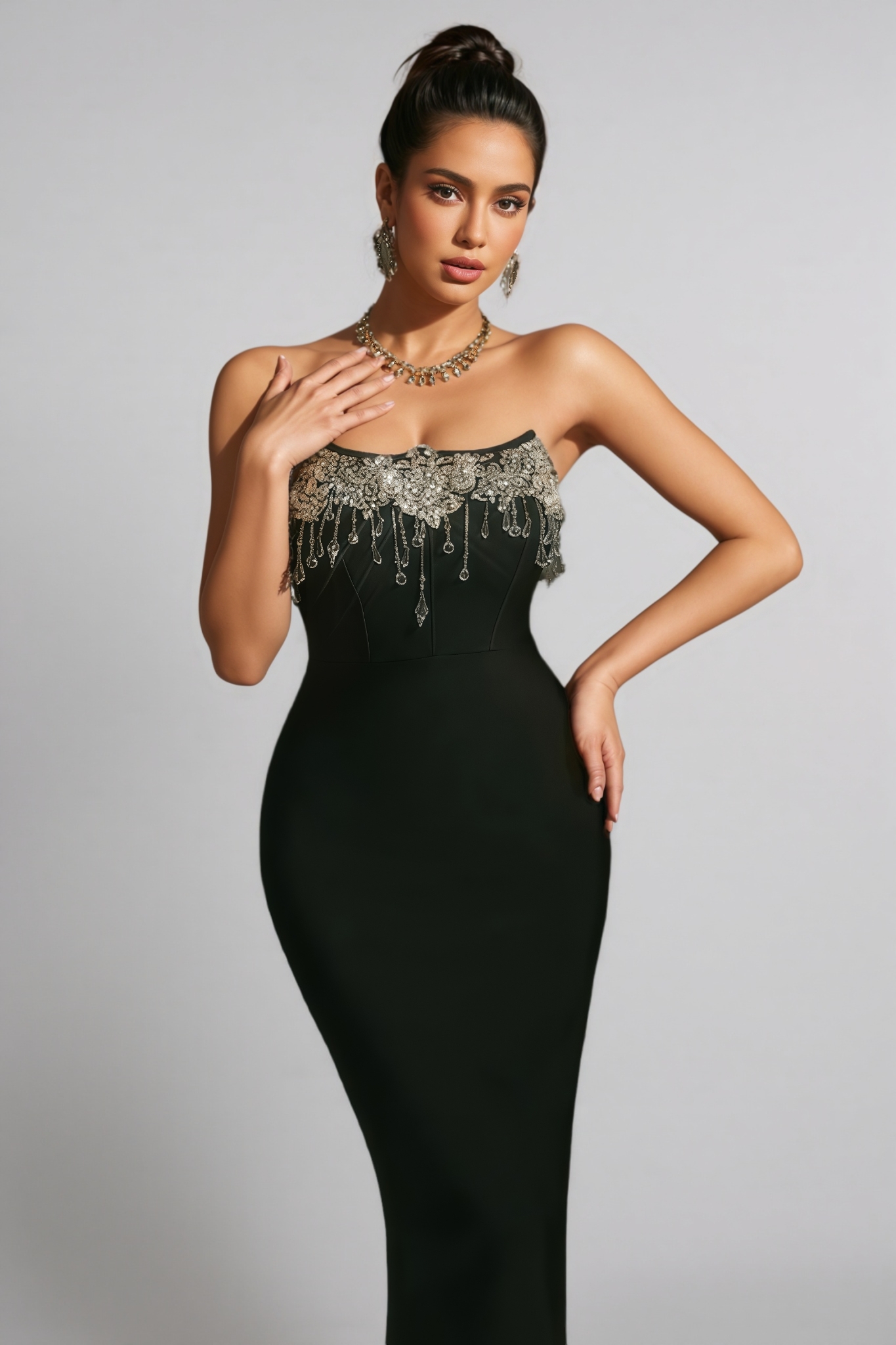 Junkt Strapless Crystal Fringe Bandage Dress