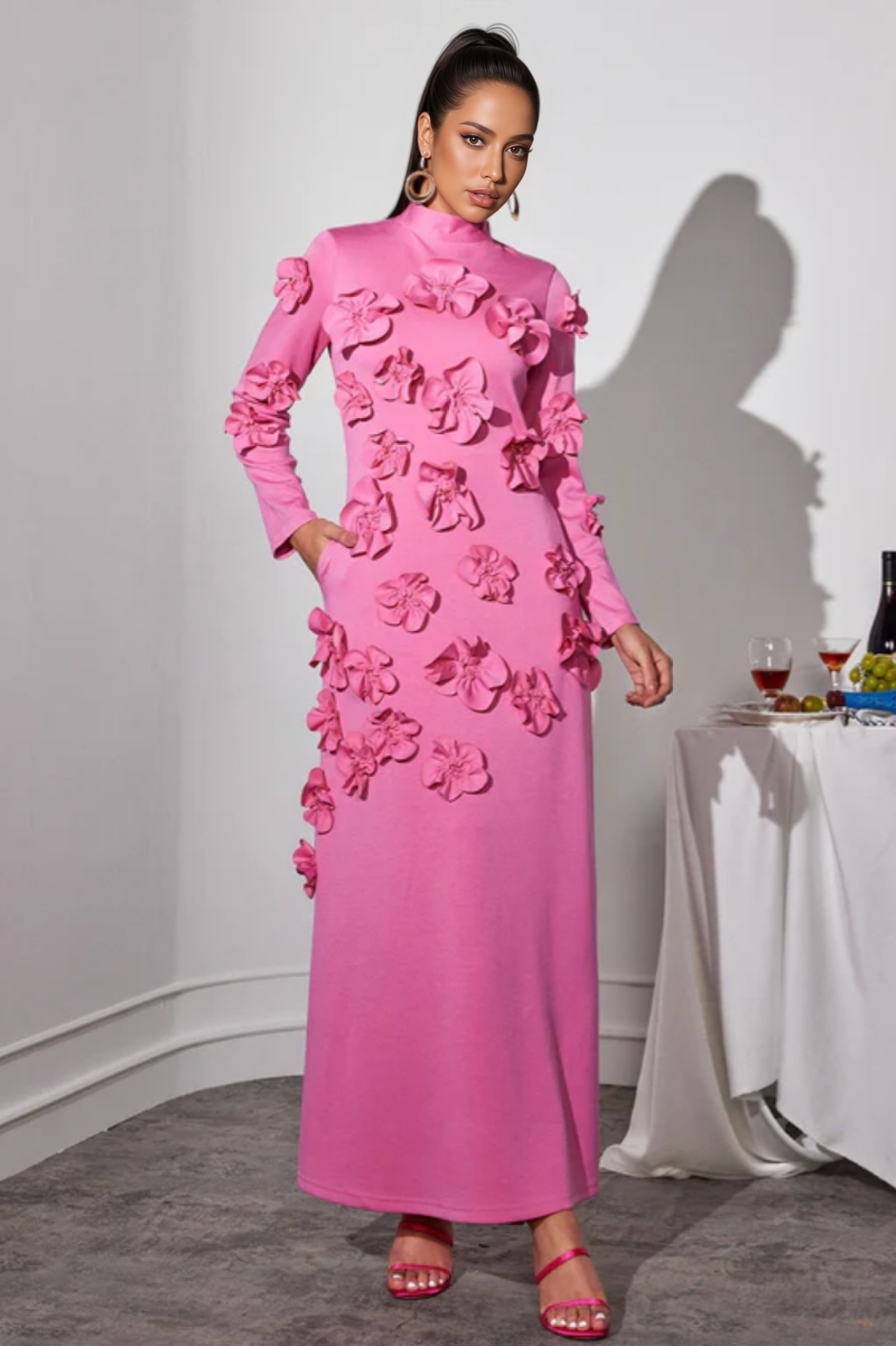 Halcyon Pink Flower Embellished Long Sleeves Maxi Dress