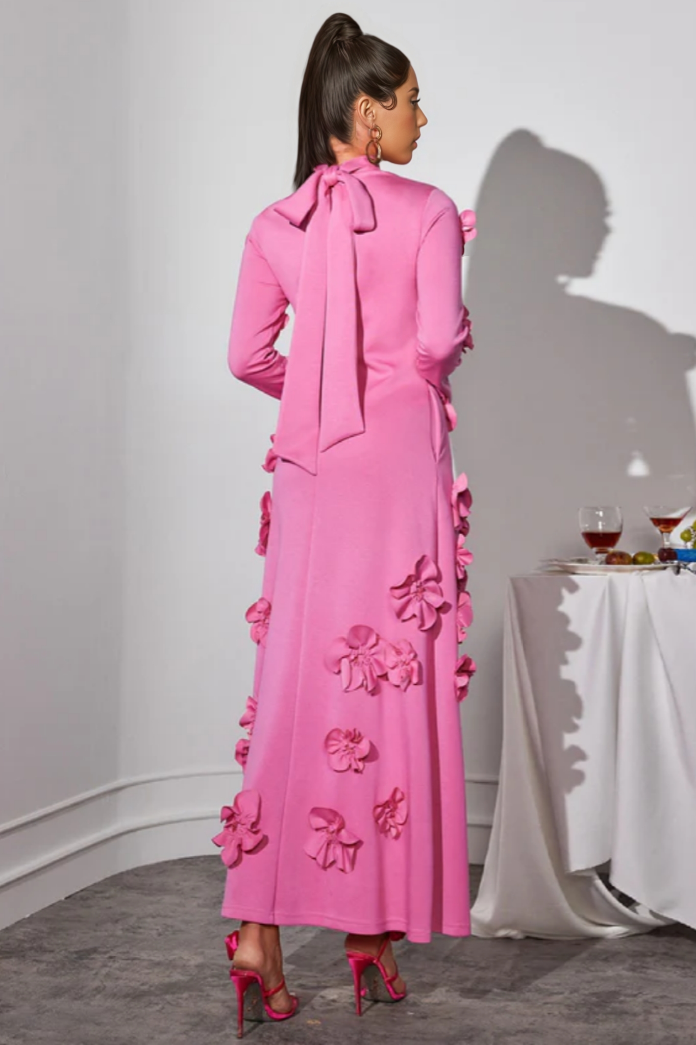 Halcyon Pink Flower Embellished Long Sleeves Maxi Dress