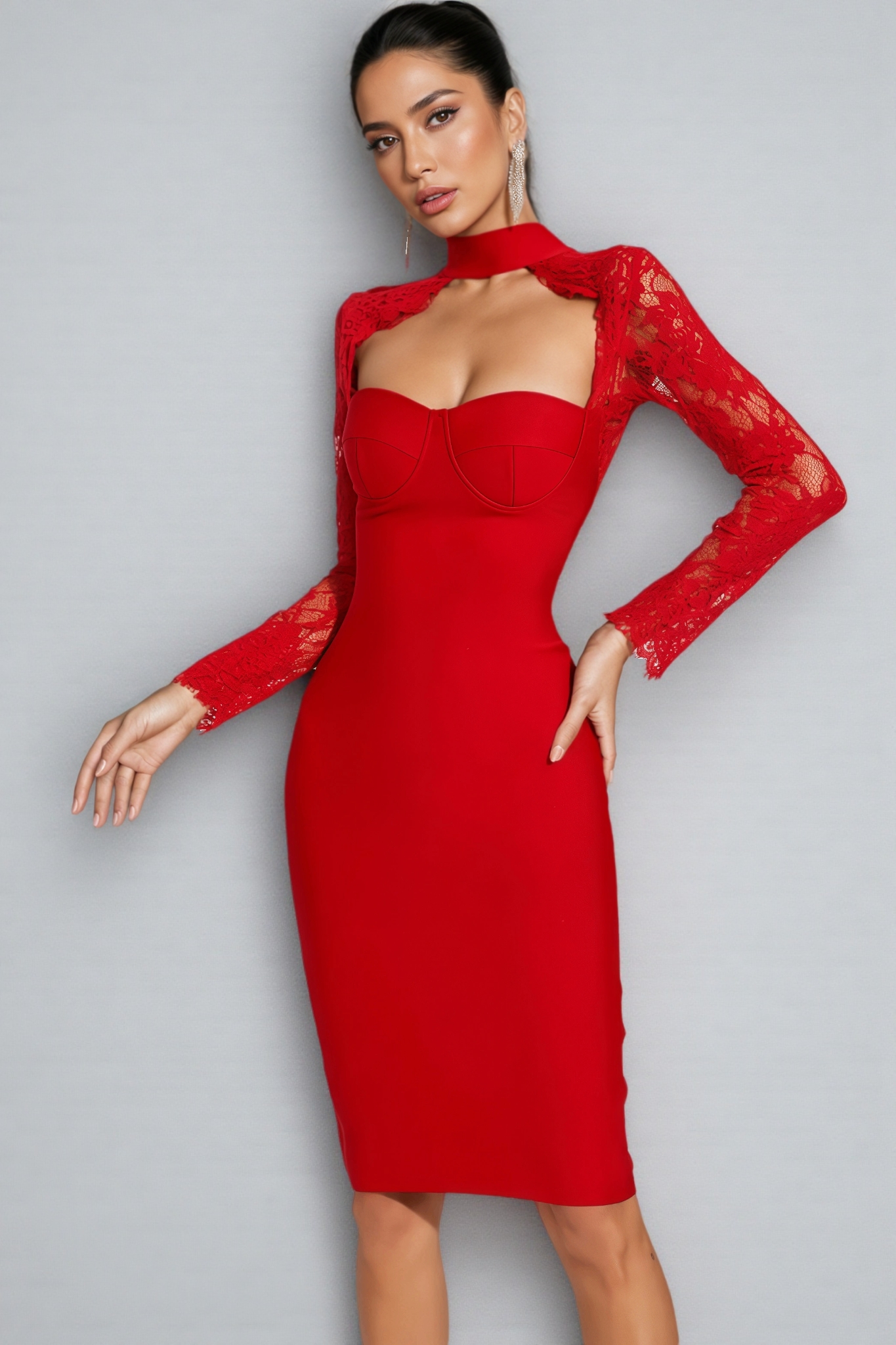 Grece Red Lace Sleeve Bandage Maxi Dress