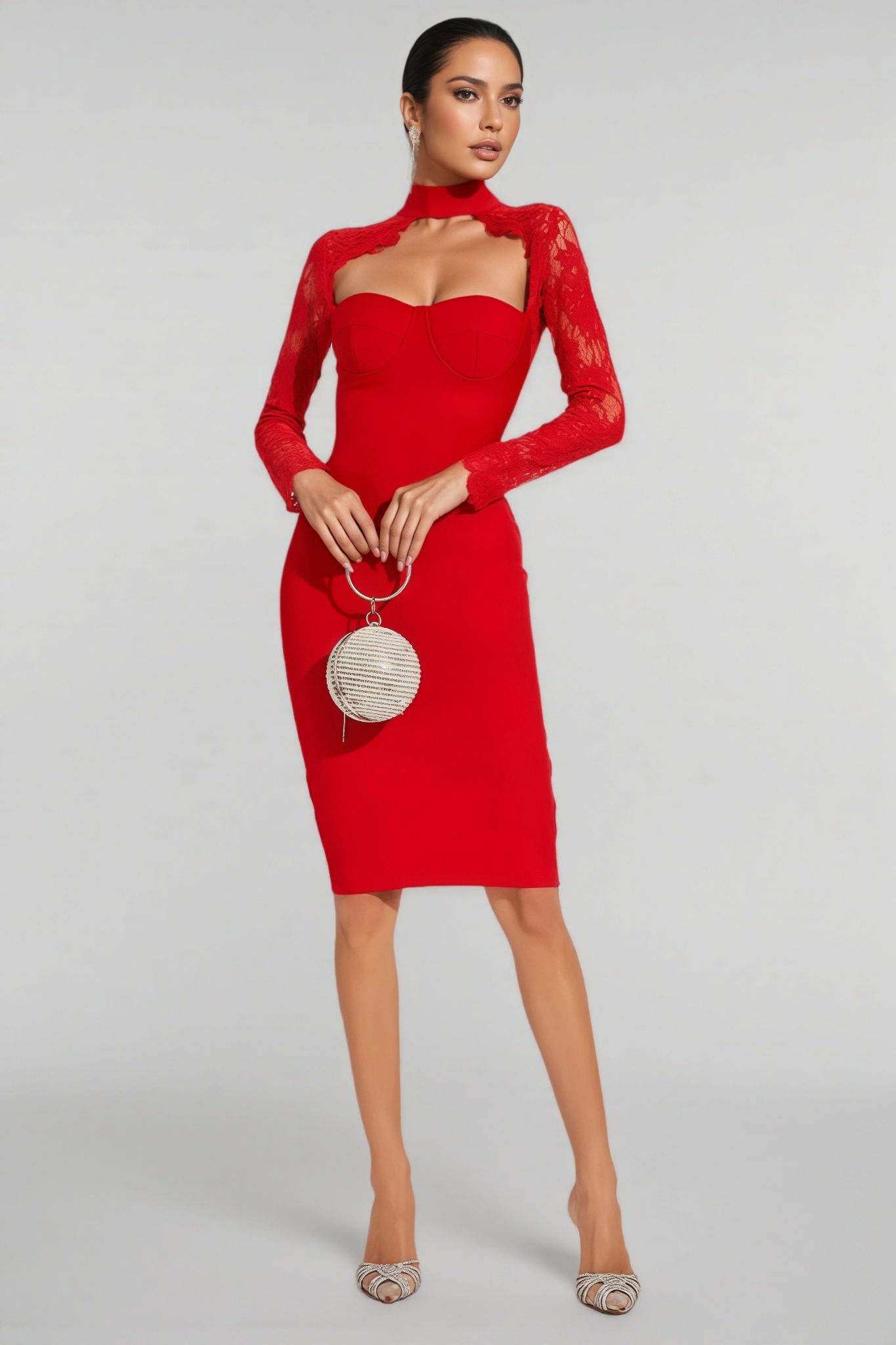 Grece Red Lace Sleeve Bandage Maxi Dress