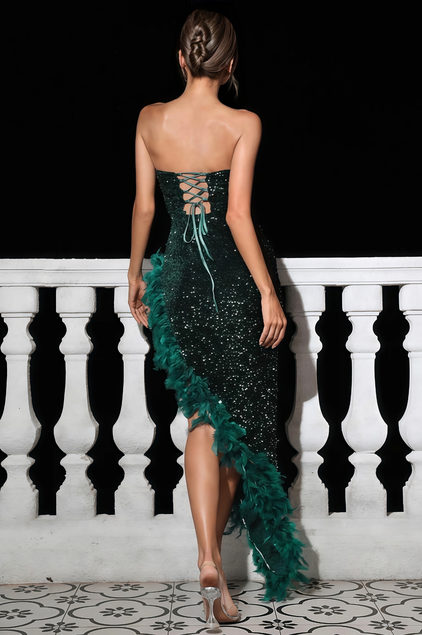 Rami Strapless Sequin Feather Trimmed Maxi Dress