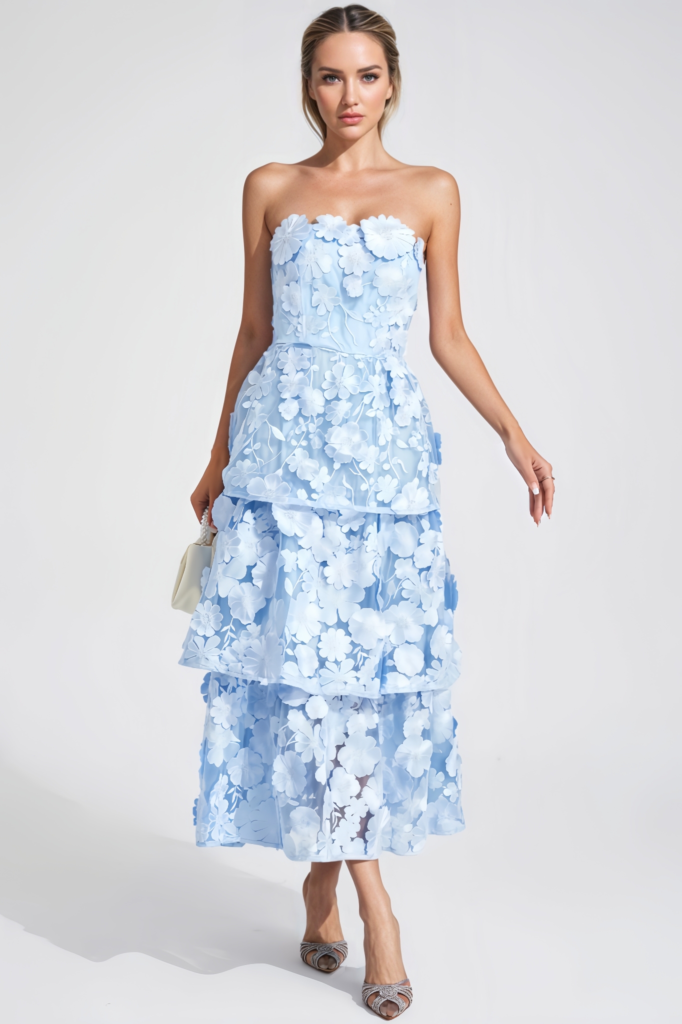 Quin Blue Flower Off Shoulder Midi Dress