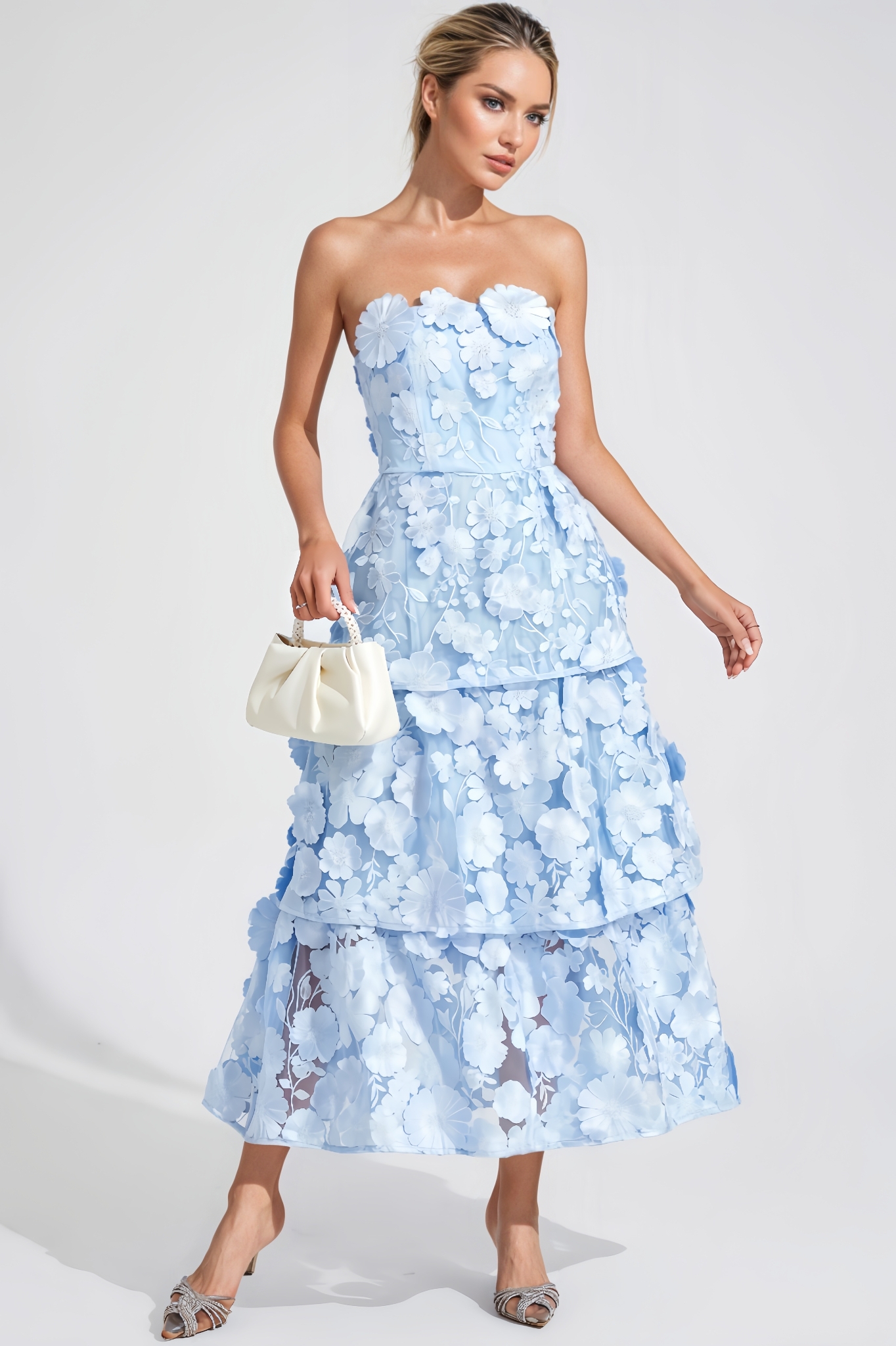 Quin Blue Flower Off Shoulder Midi Dress