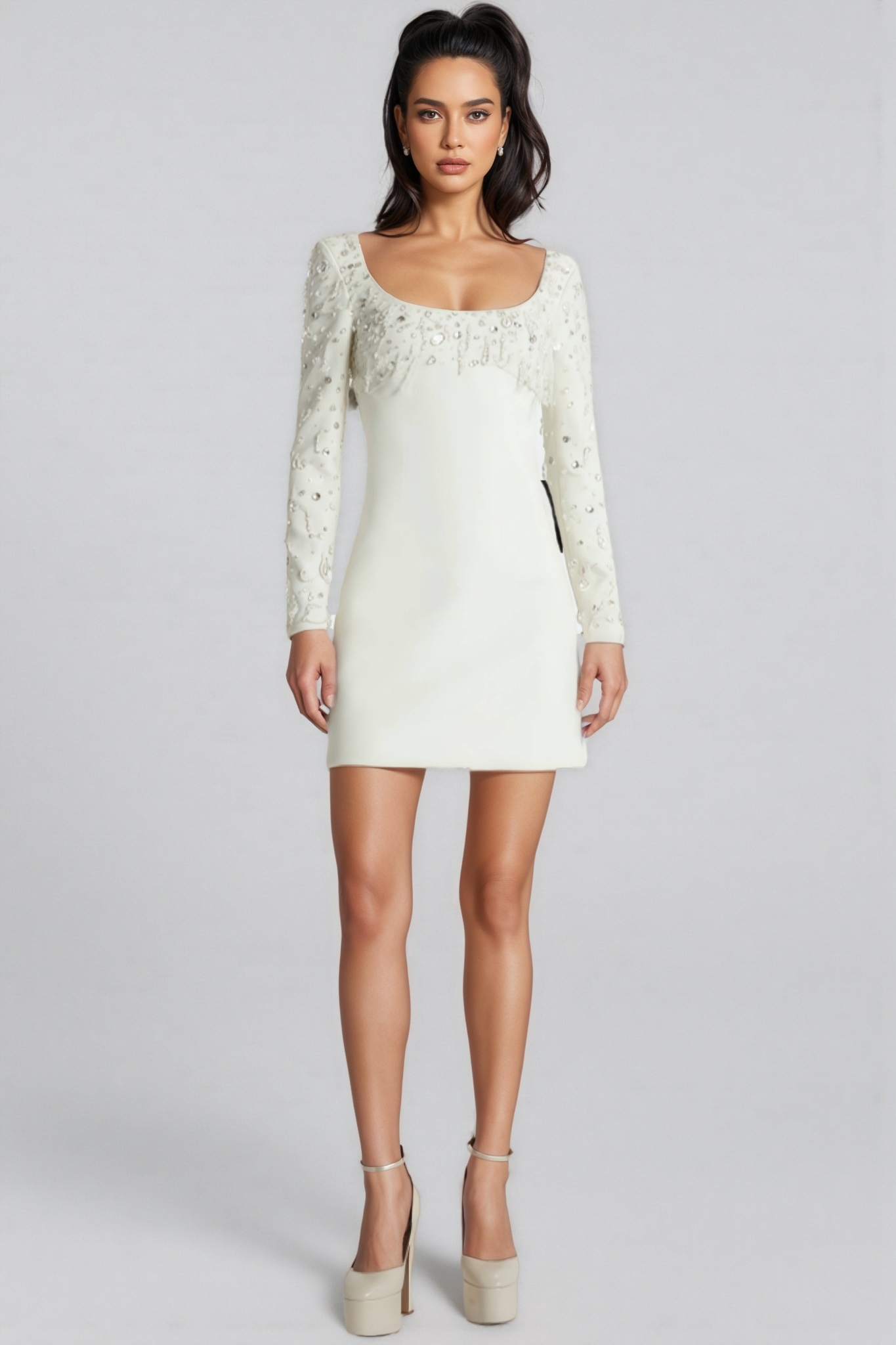 Owenfe White Beaded Diamond Mini Dress