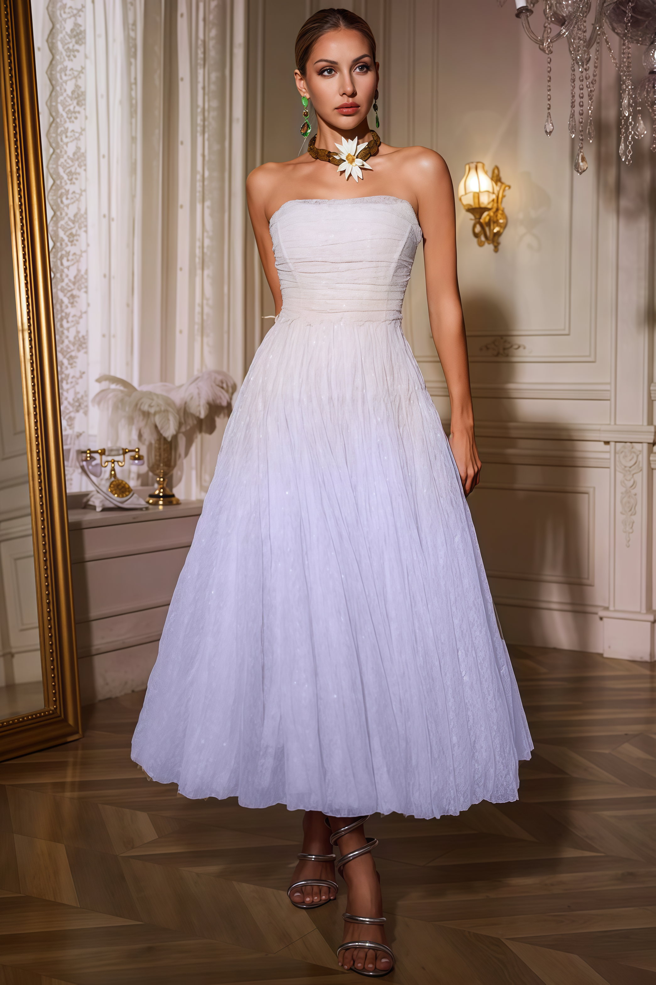 Perikt Purple Strapless Ruched Mesh Midi Dress