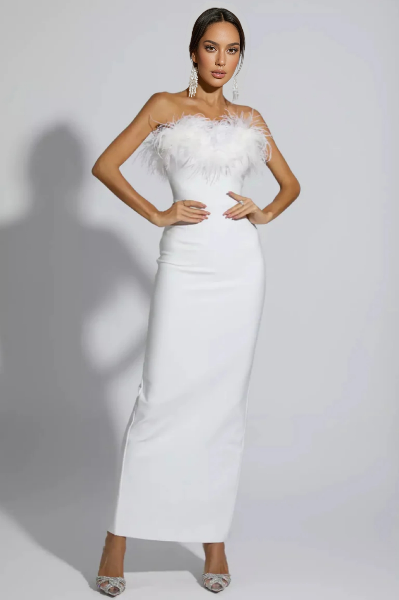 Viane White Feather Tassel Maxi Dress