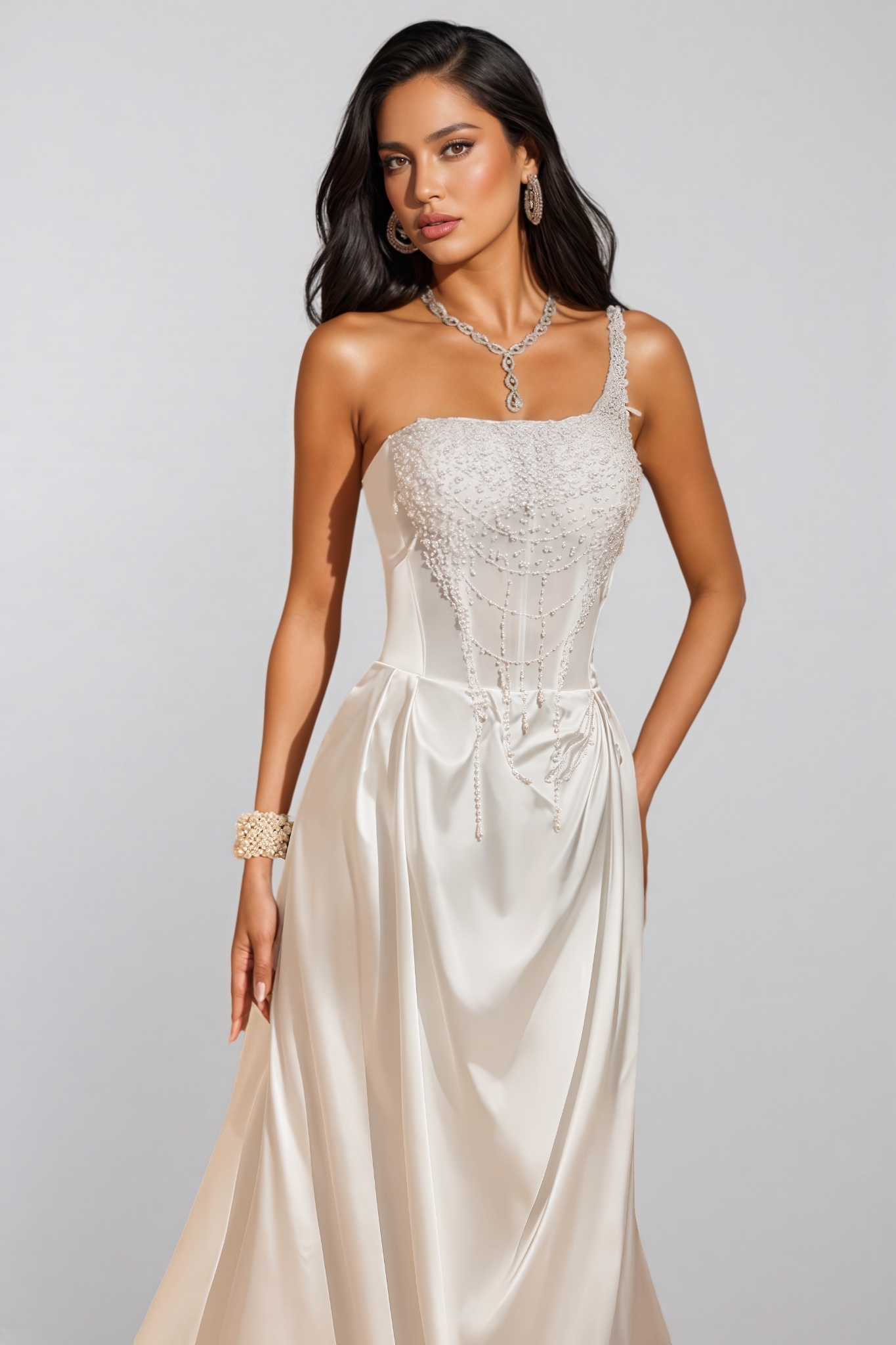 Camo One Shoulder Pearl Satin Maxi Dress