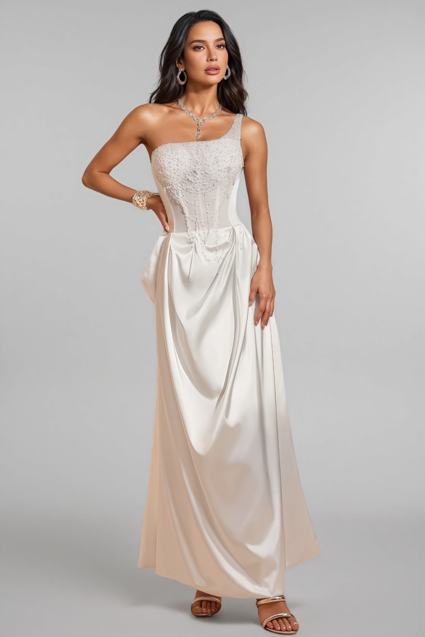 Camo One Shoulder Pearl Satin Maxi Dress