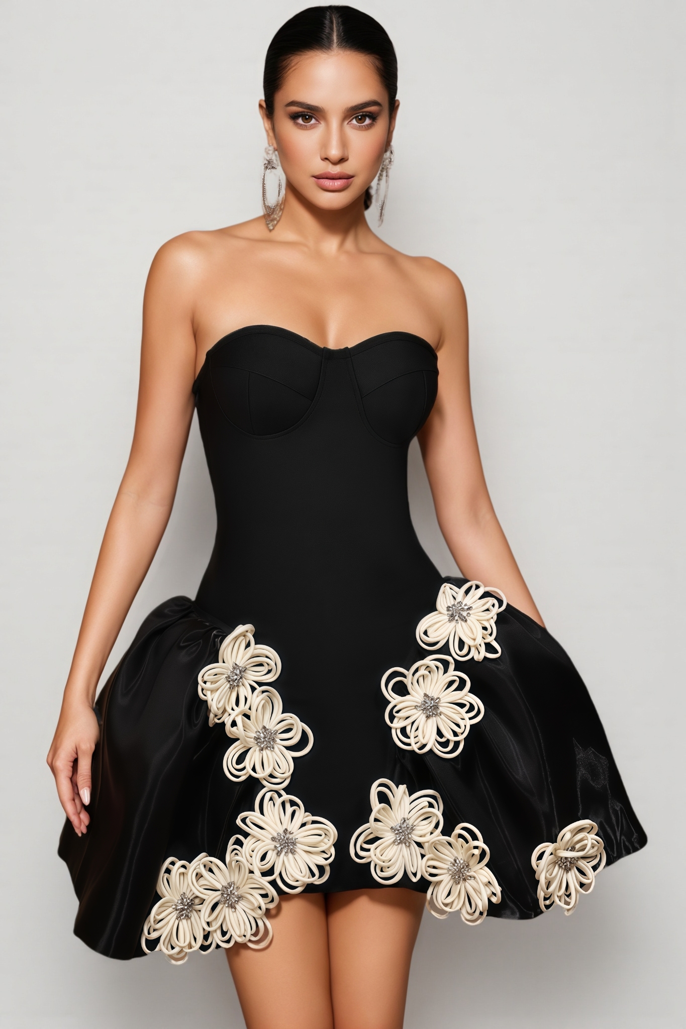 Merfd Black Strapless Puffy Mini Dress