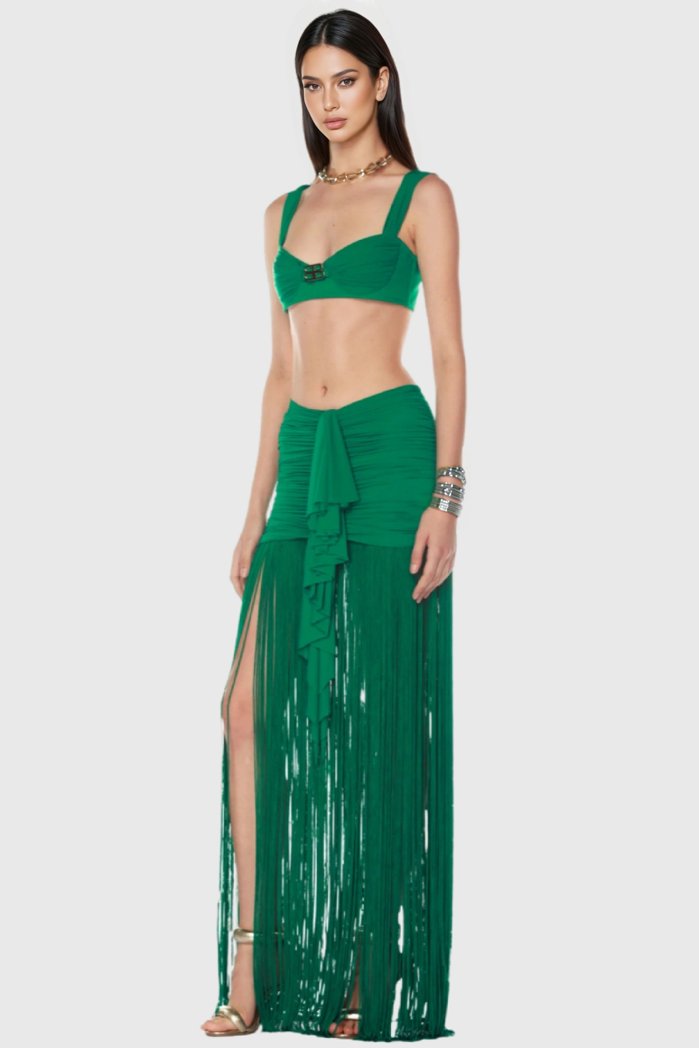 High-waisted Strappy Fringed Maxi Dress
