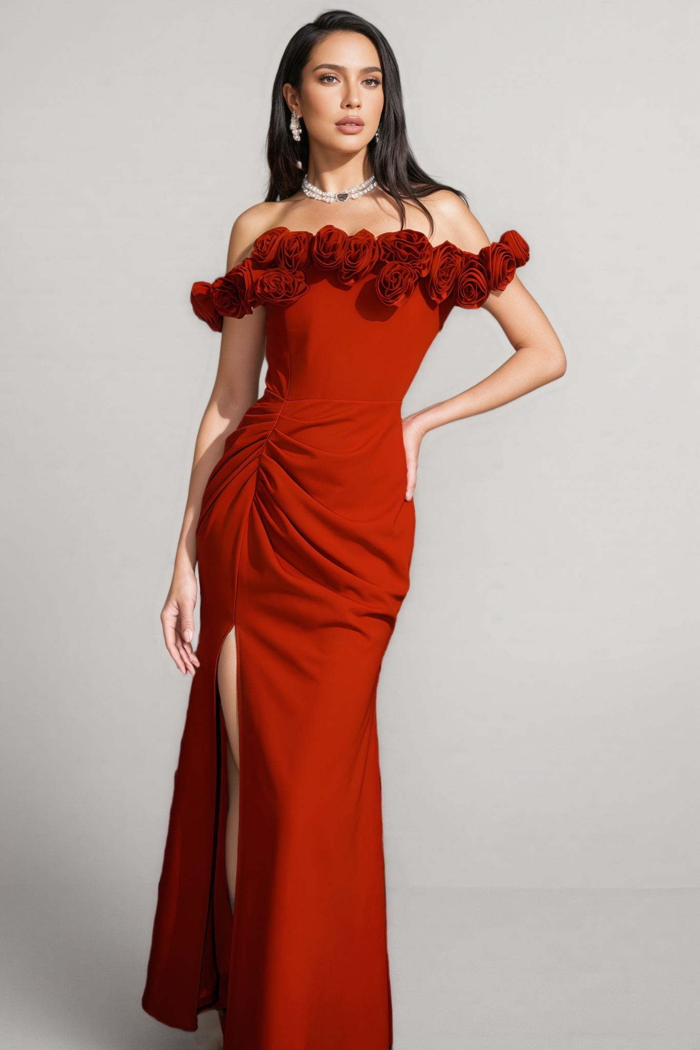 Lorins 3D Floral Red Fishtail Maxi Dress