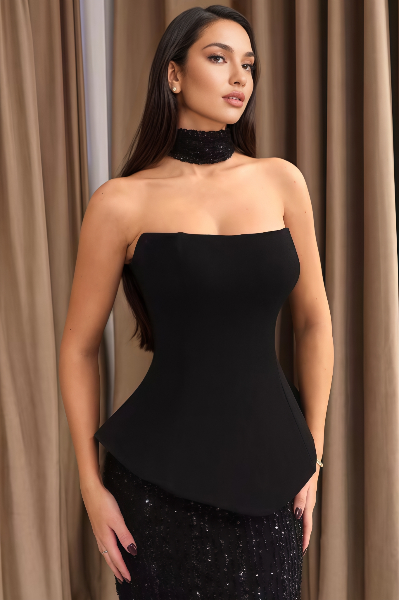 Calyxas Black Top Sequin Maxi Dress Set