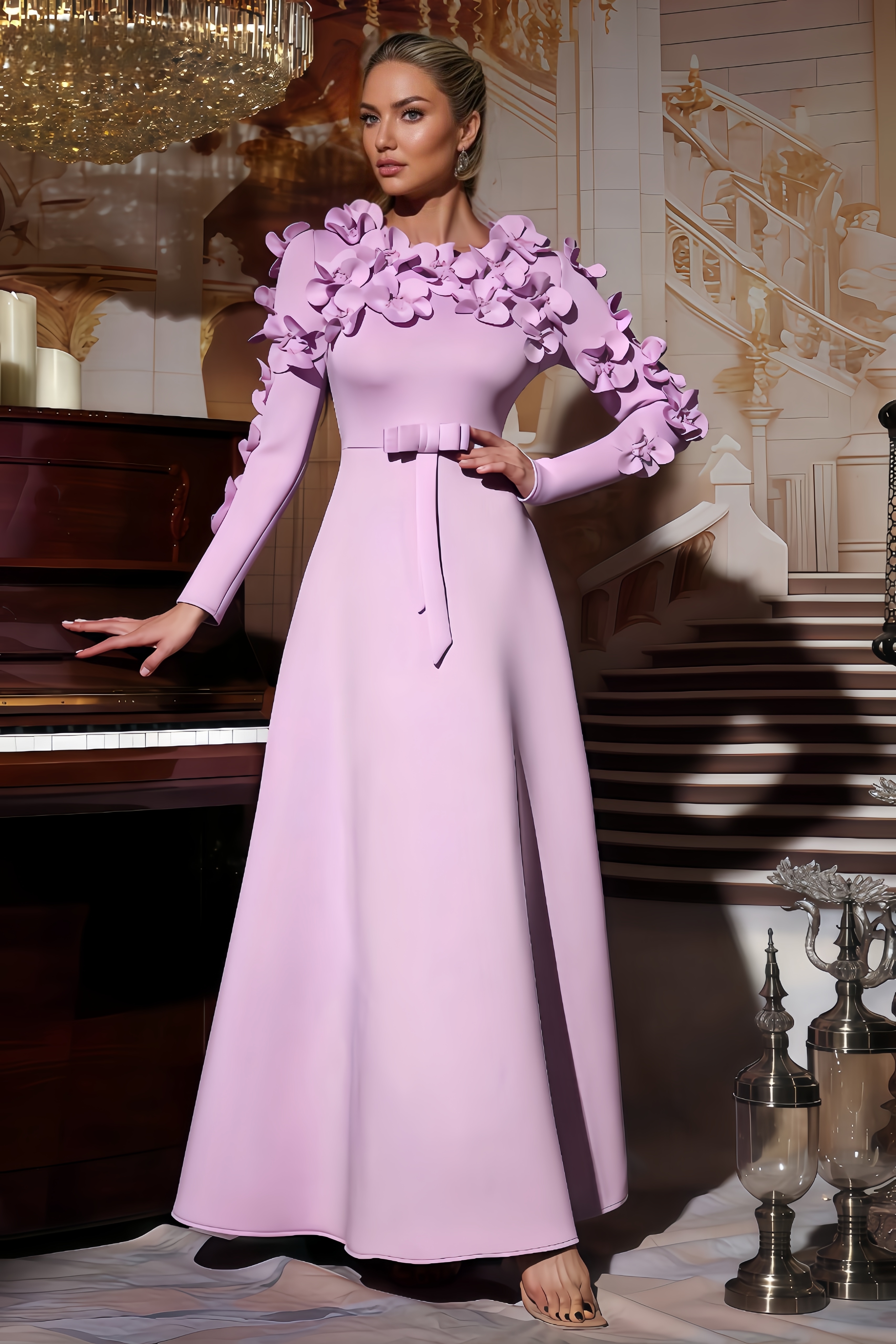 Xiacly 3D Floral Round-Neck Maxi Dress