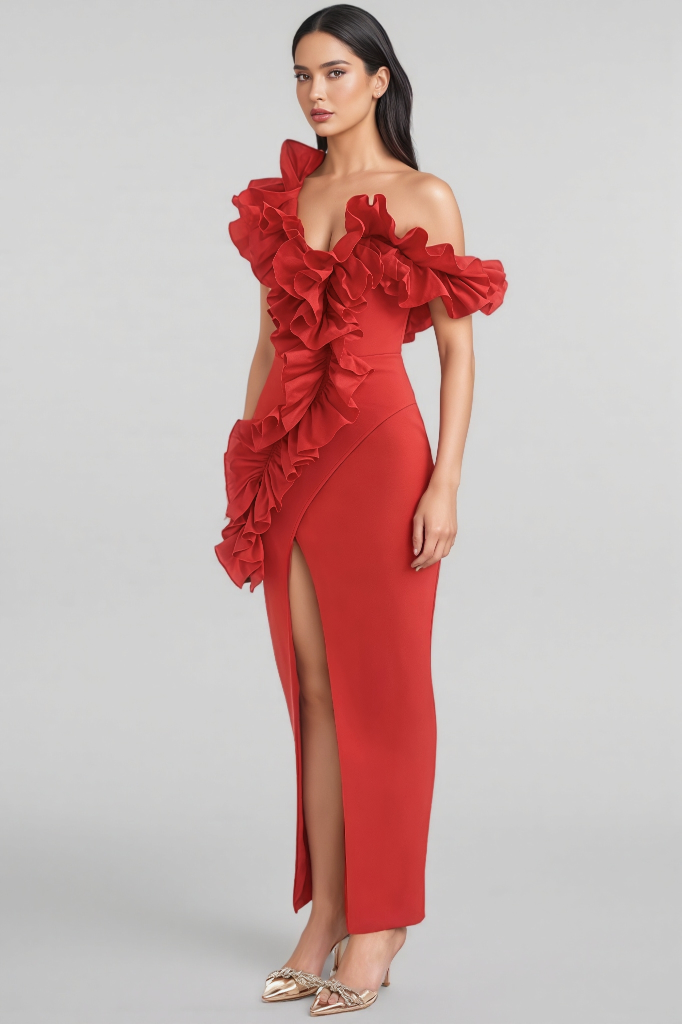 Natal Red Ruffled Slit Maxi Dress