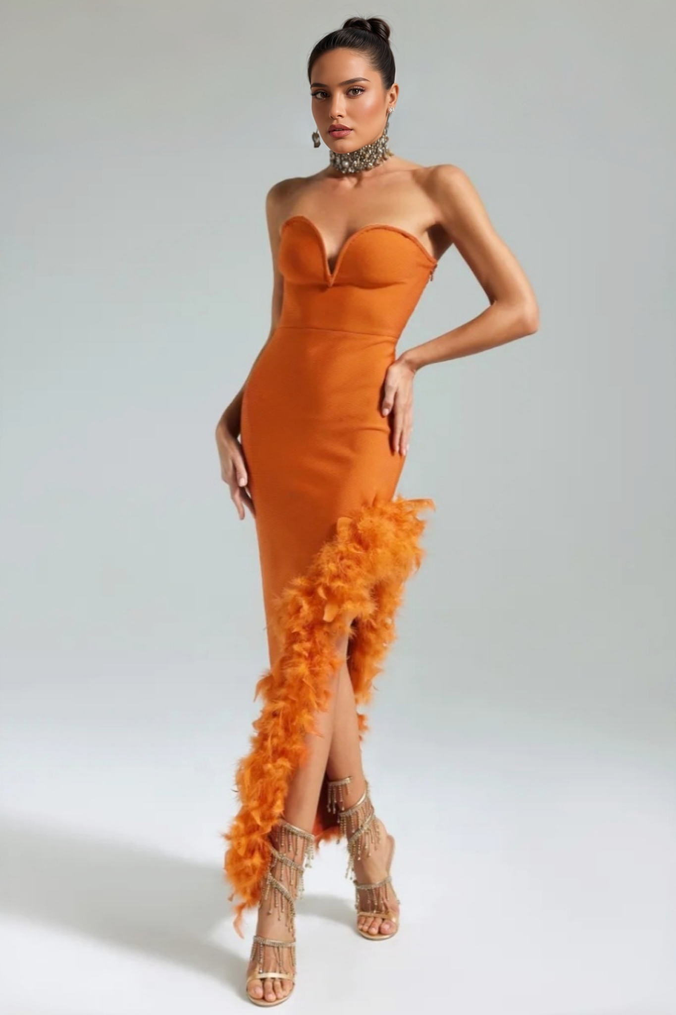 Yeli Feather Slant Hem Bandage Maxi Dress