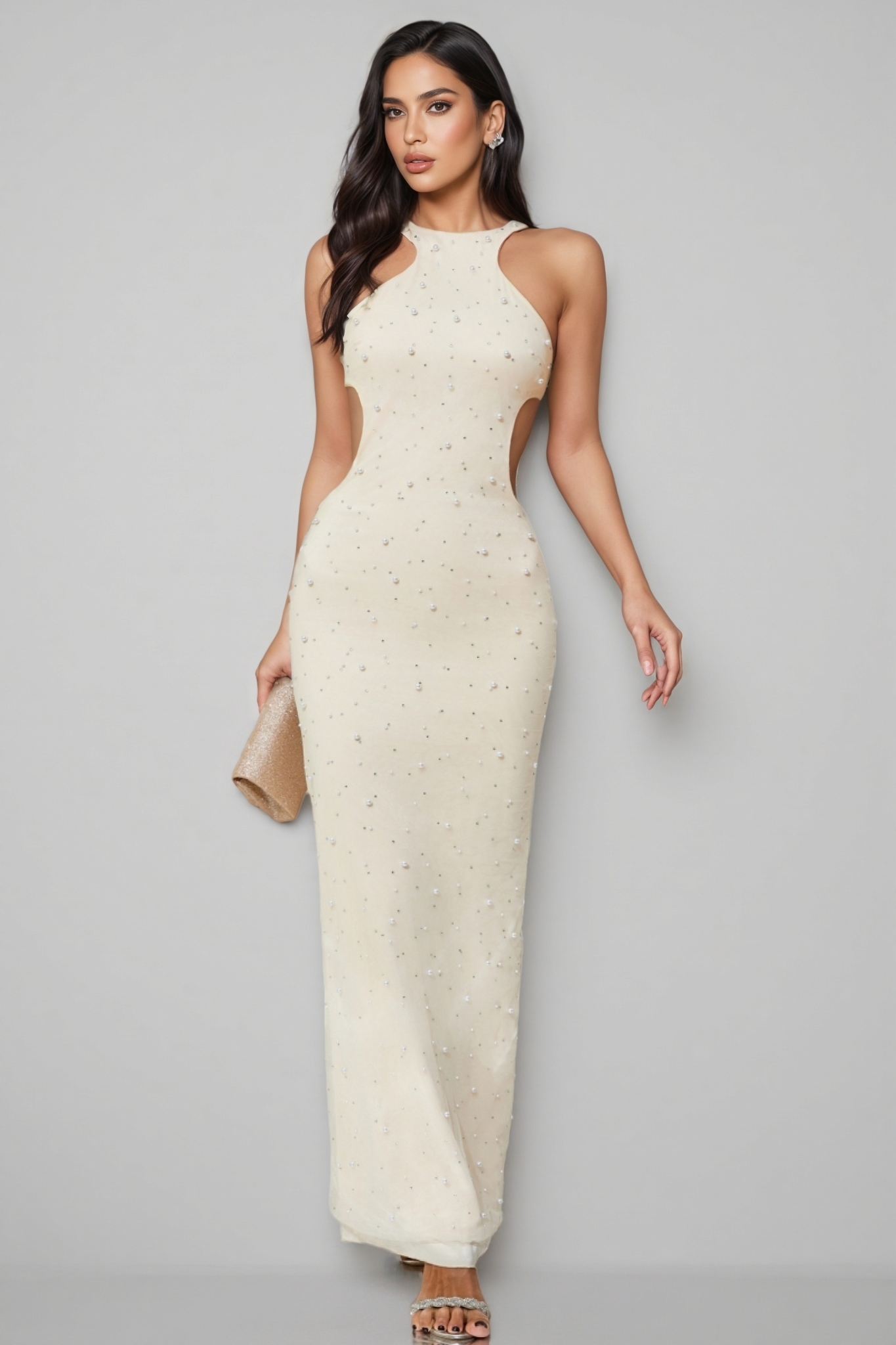 Brucese Neckless Backless Beaded Maxi Dress