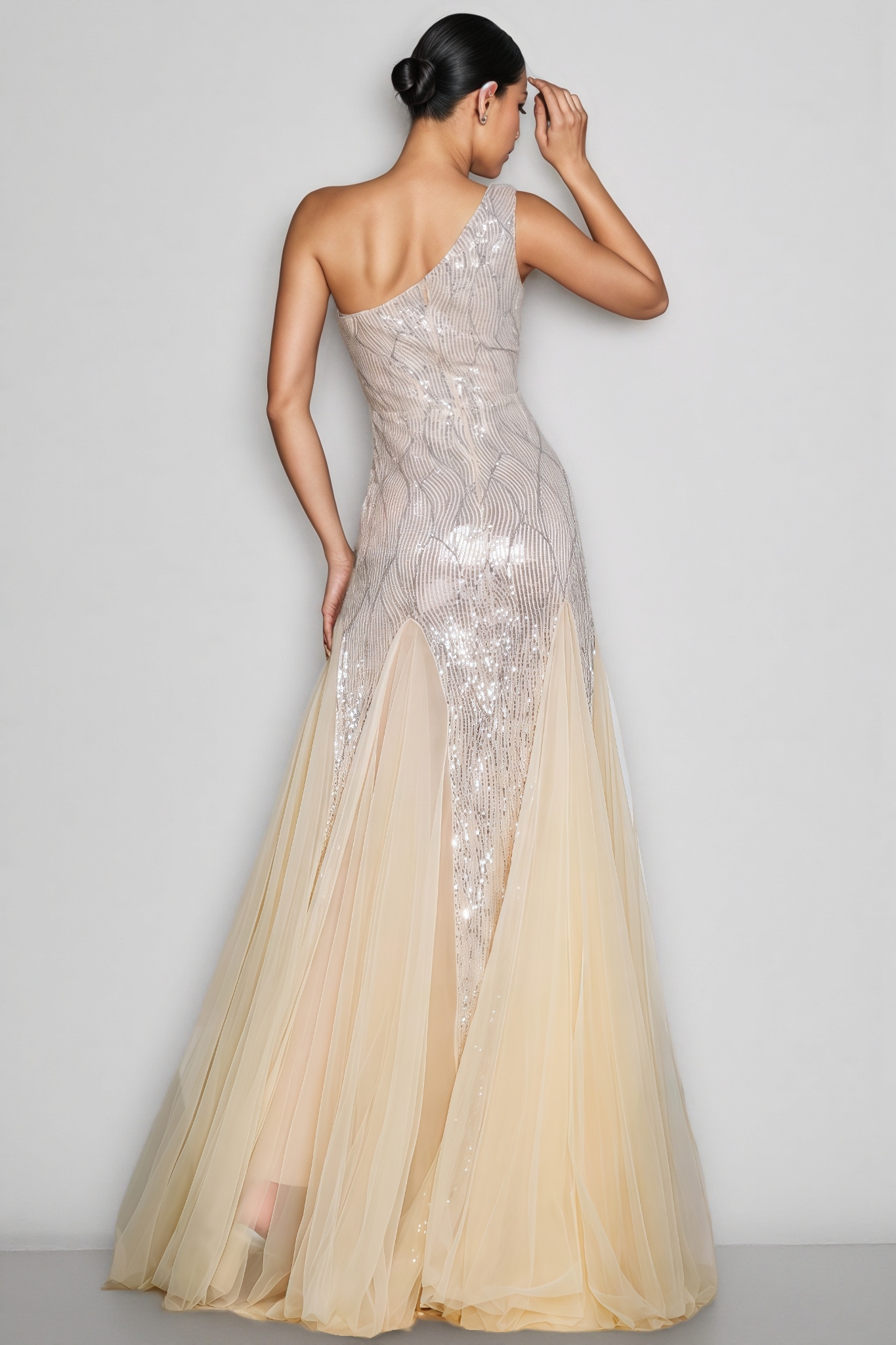 Trevt Single Shoulder Sequined Slit Maxi Dress