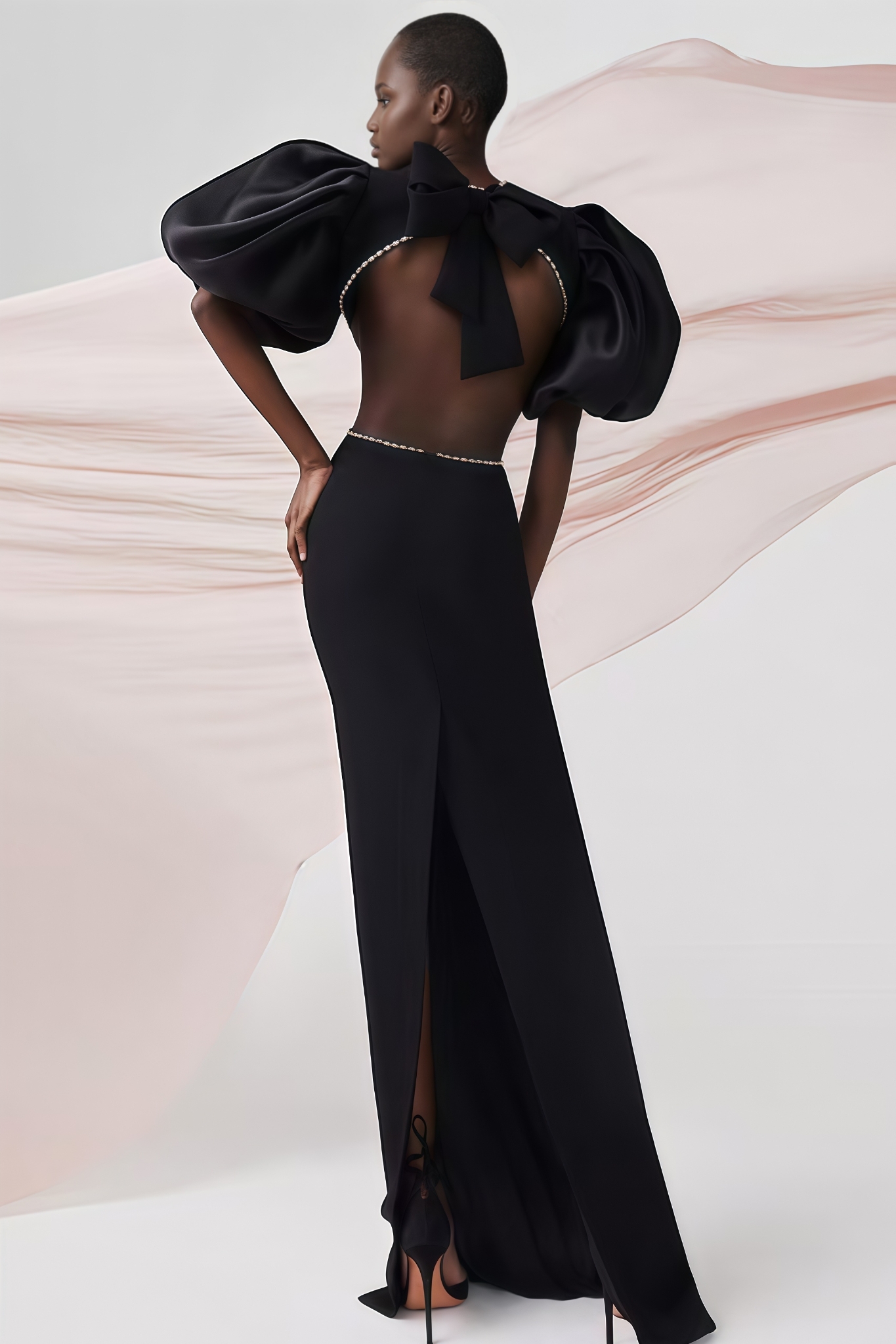Terefa Backless Bubble Sleeve Black Maxi Dress