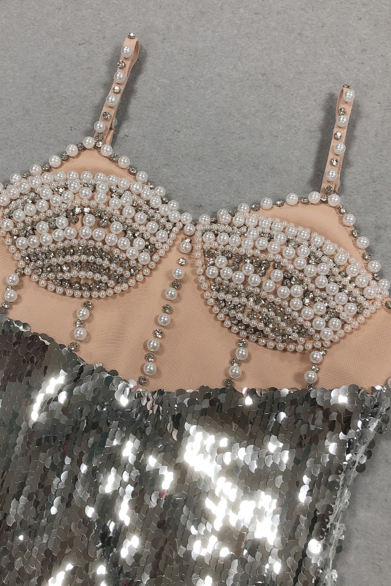 Zeitd Silver Sequin Backless Maxi Dress