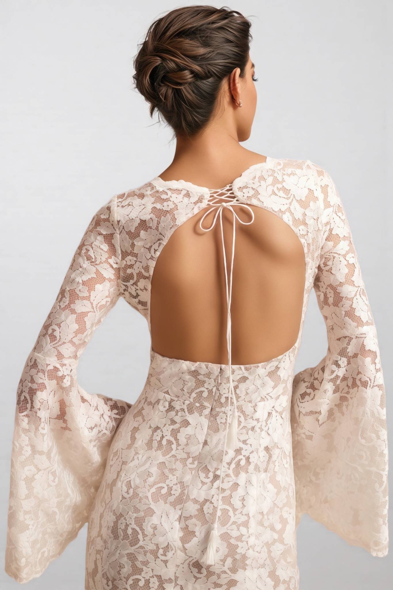 Zettad Flared Sleeve Backless Lace Maxi Dress