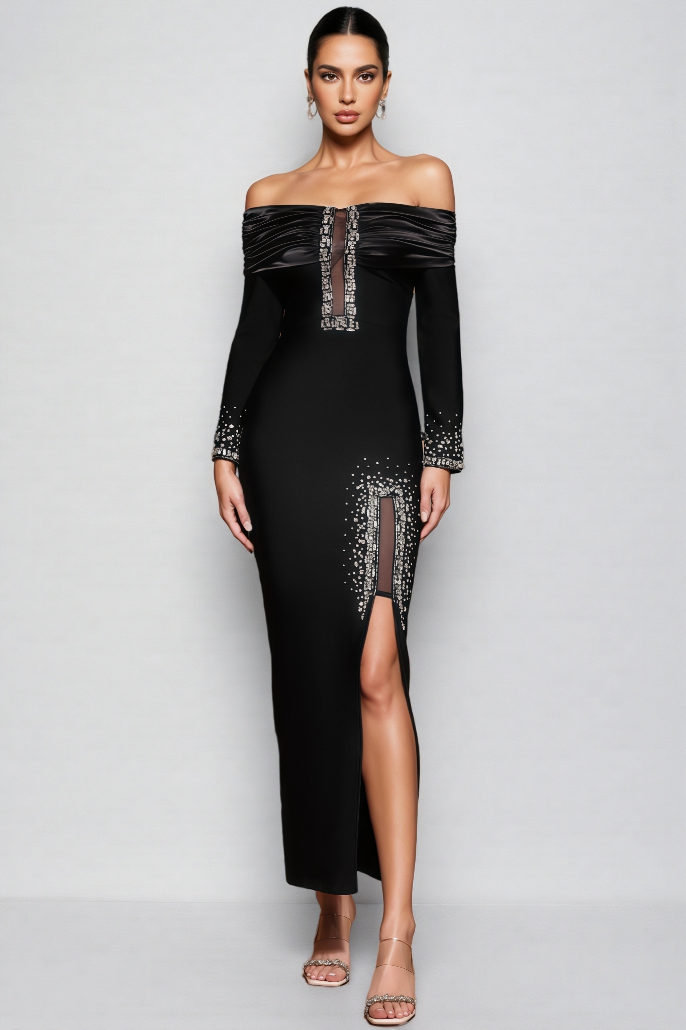 Lucfe Black Studded Bandage Maxi Dress
