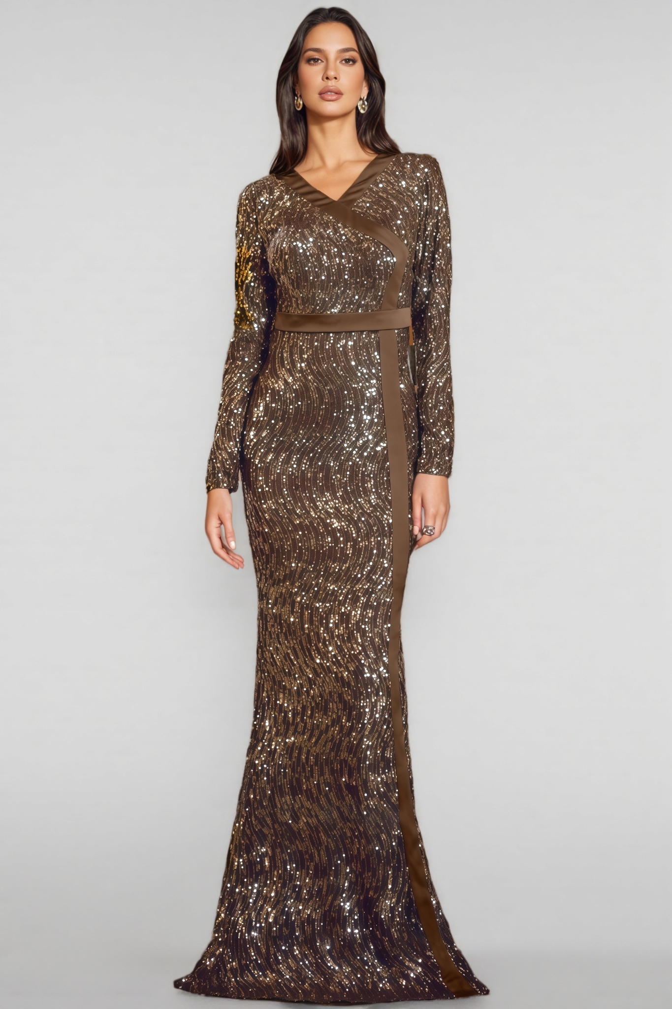Lirrke V-Neck Bodycon Sequined Maxi Dress