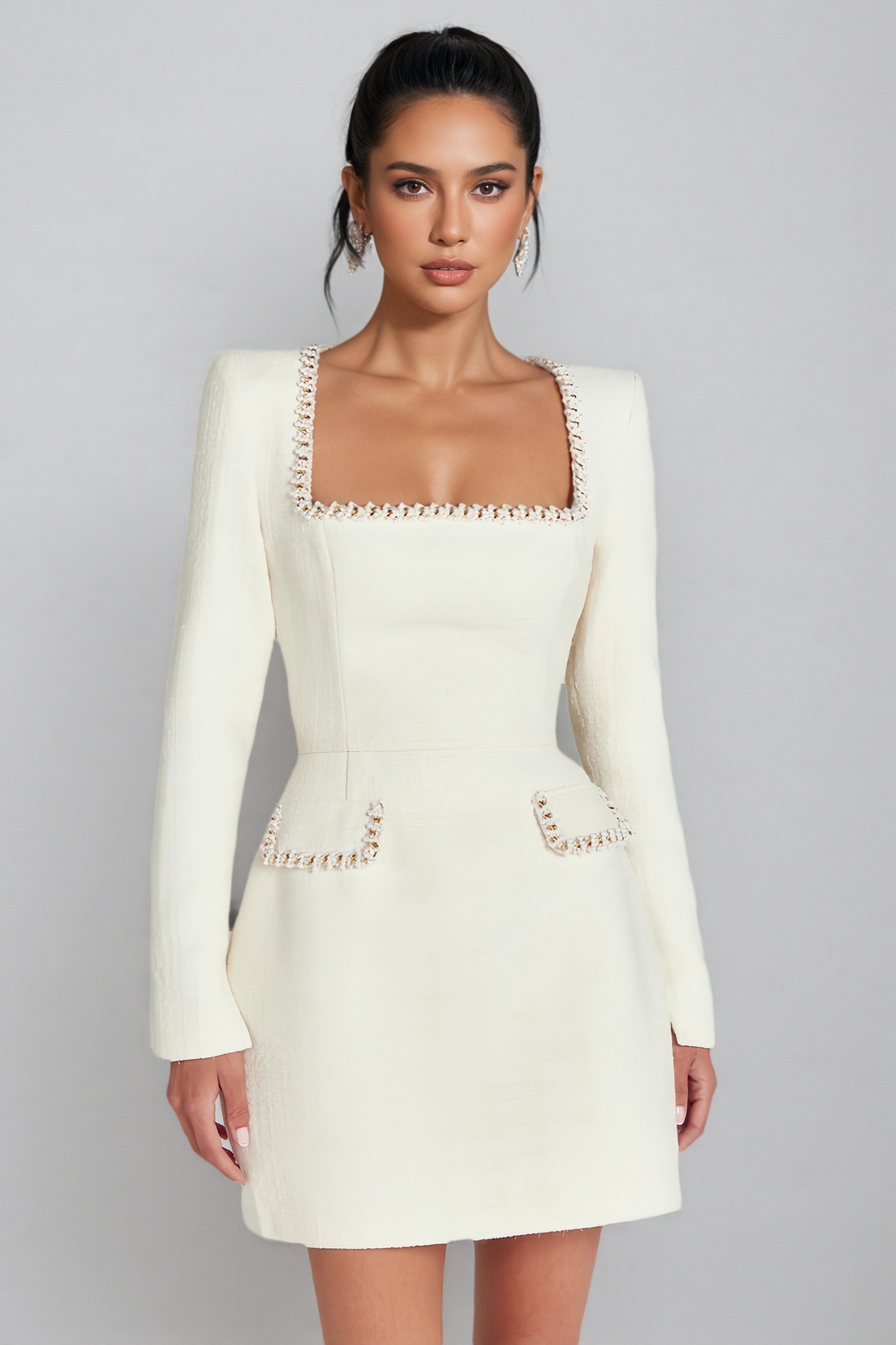 Saila U Neck Long Sleeve Mini Dress-White