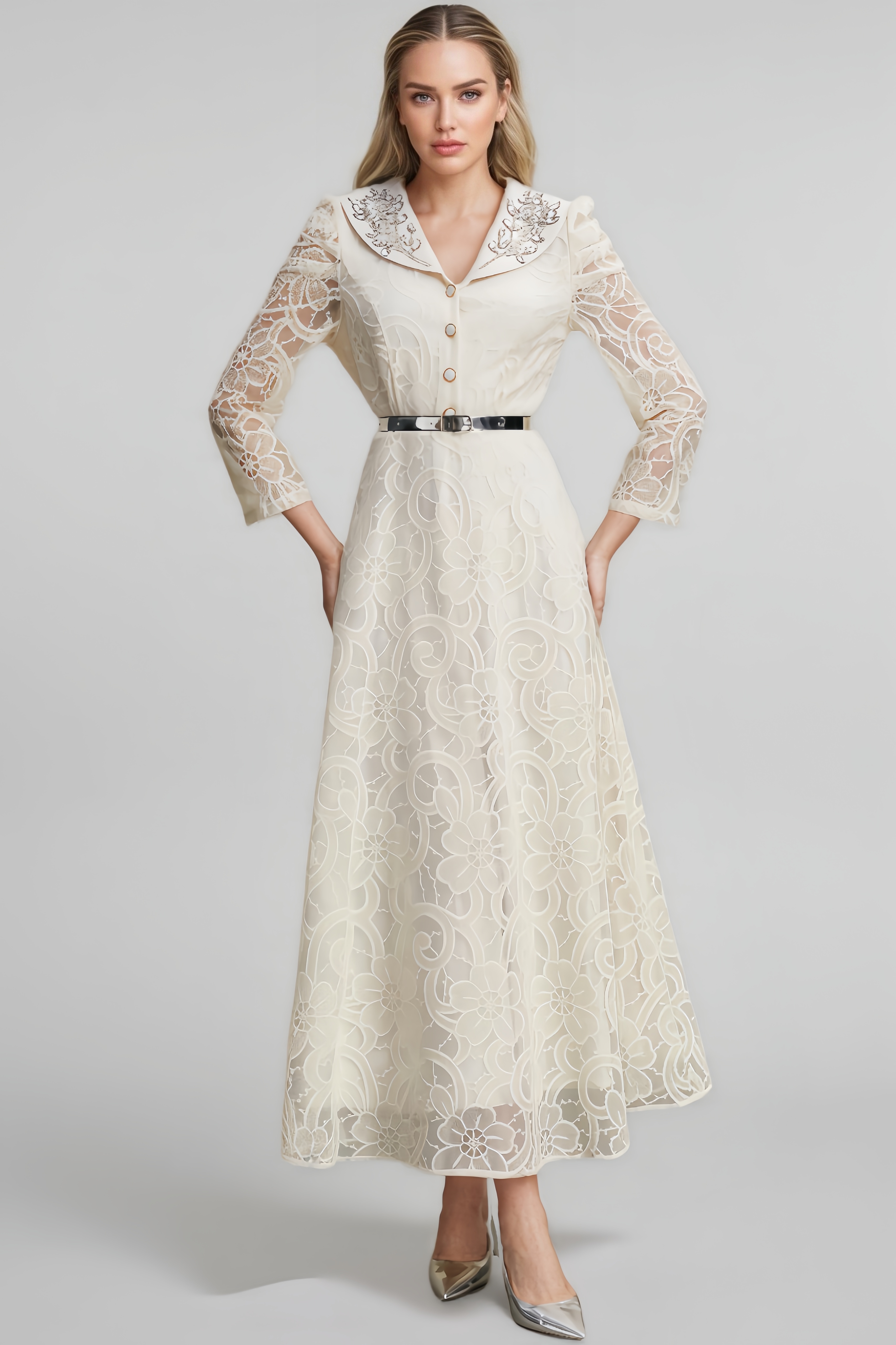 Azurt Diamond-Encrusted Lace Maxi Dress