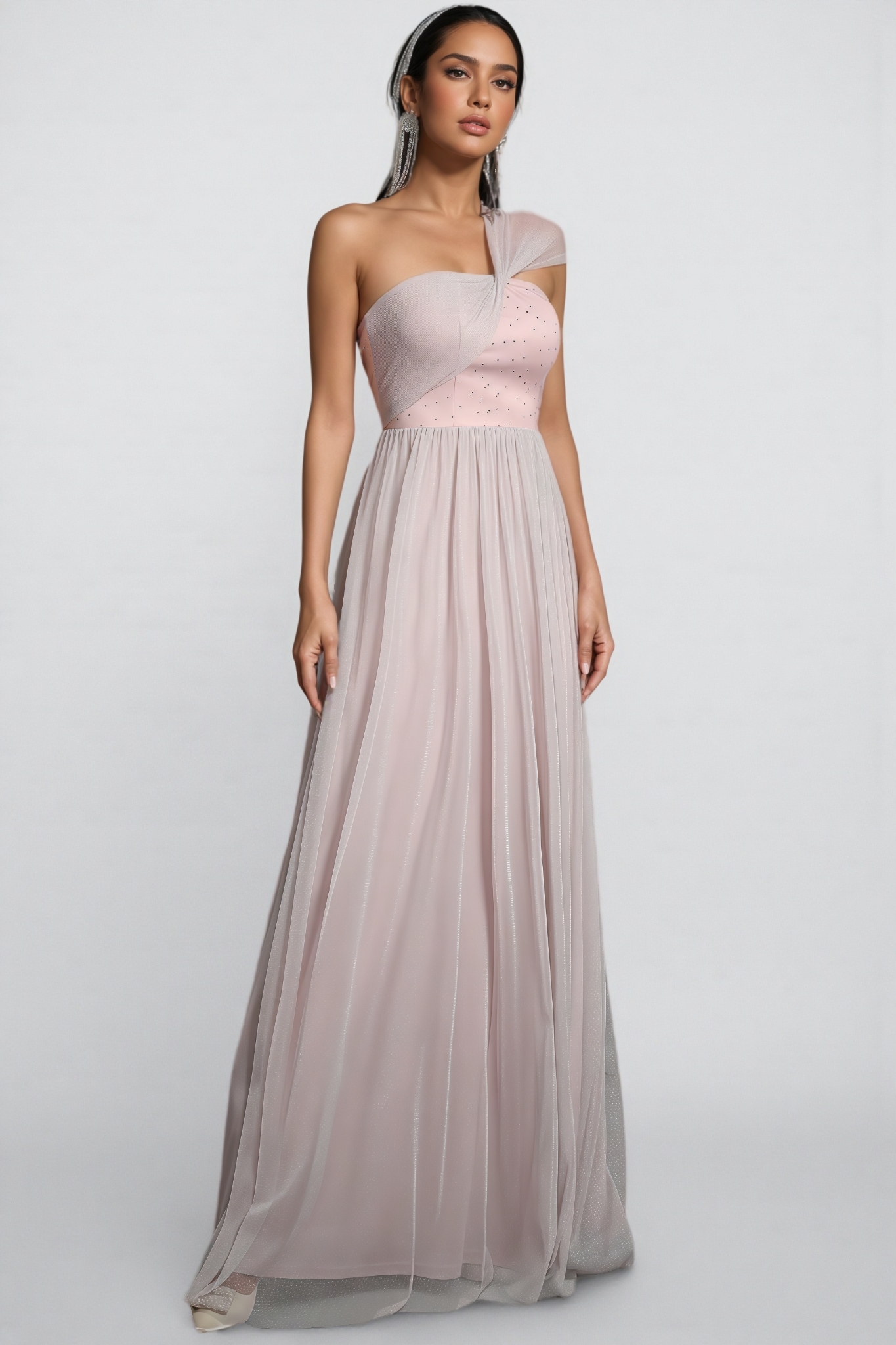 Ayven Pink One-Shoulder Mesh Maxi Dress