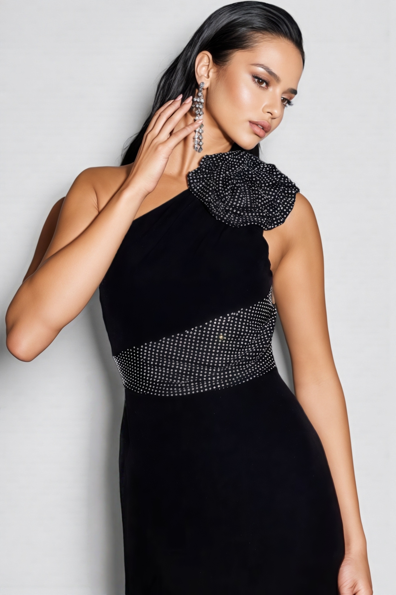 Xoelk Backless Rhinestone 3D Flower Maxi Dress