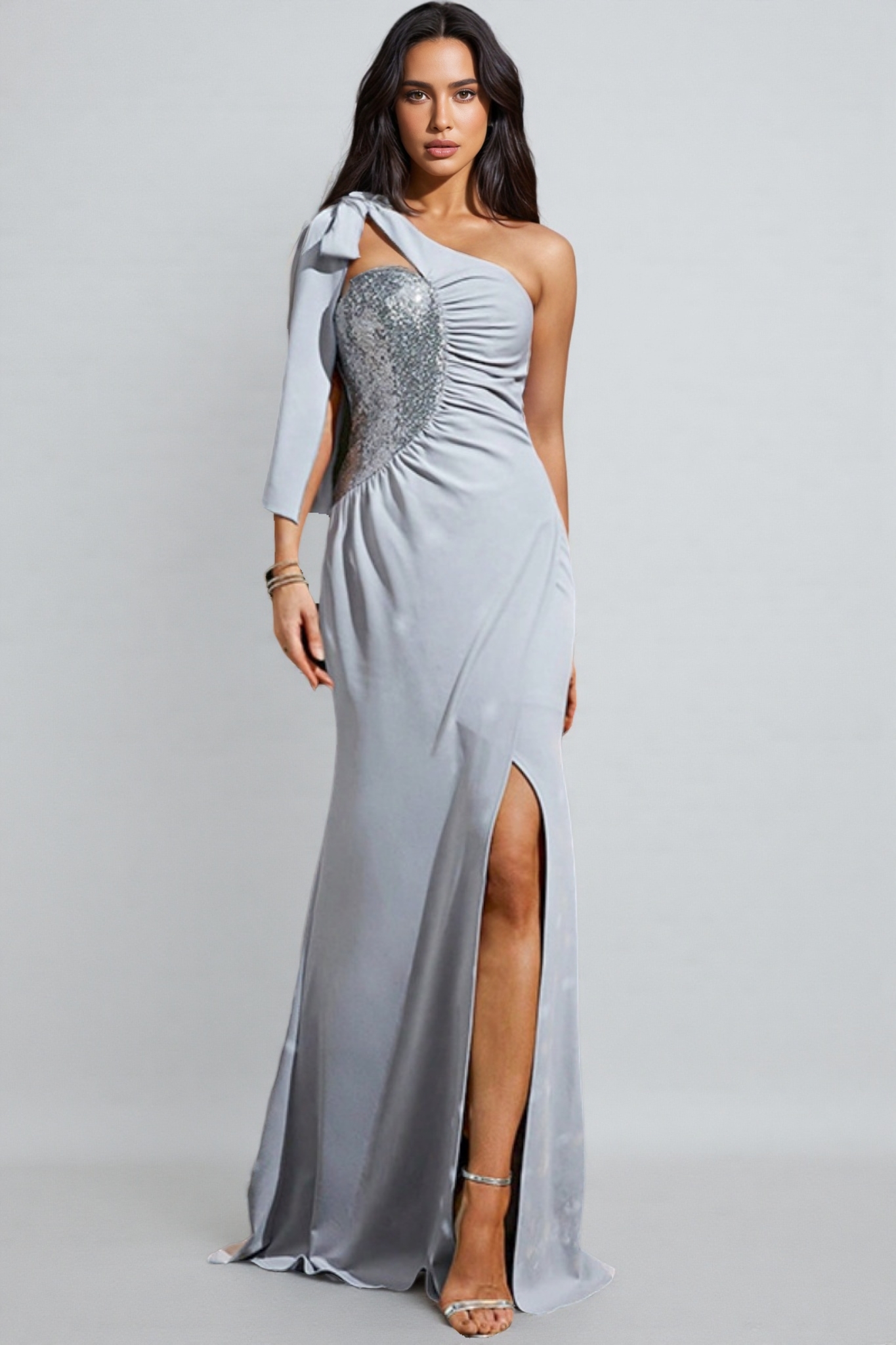 Anira Grey Blue Side Split Maxi Dress