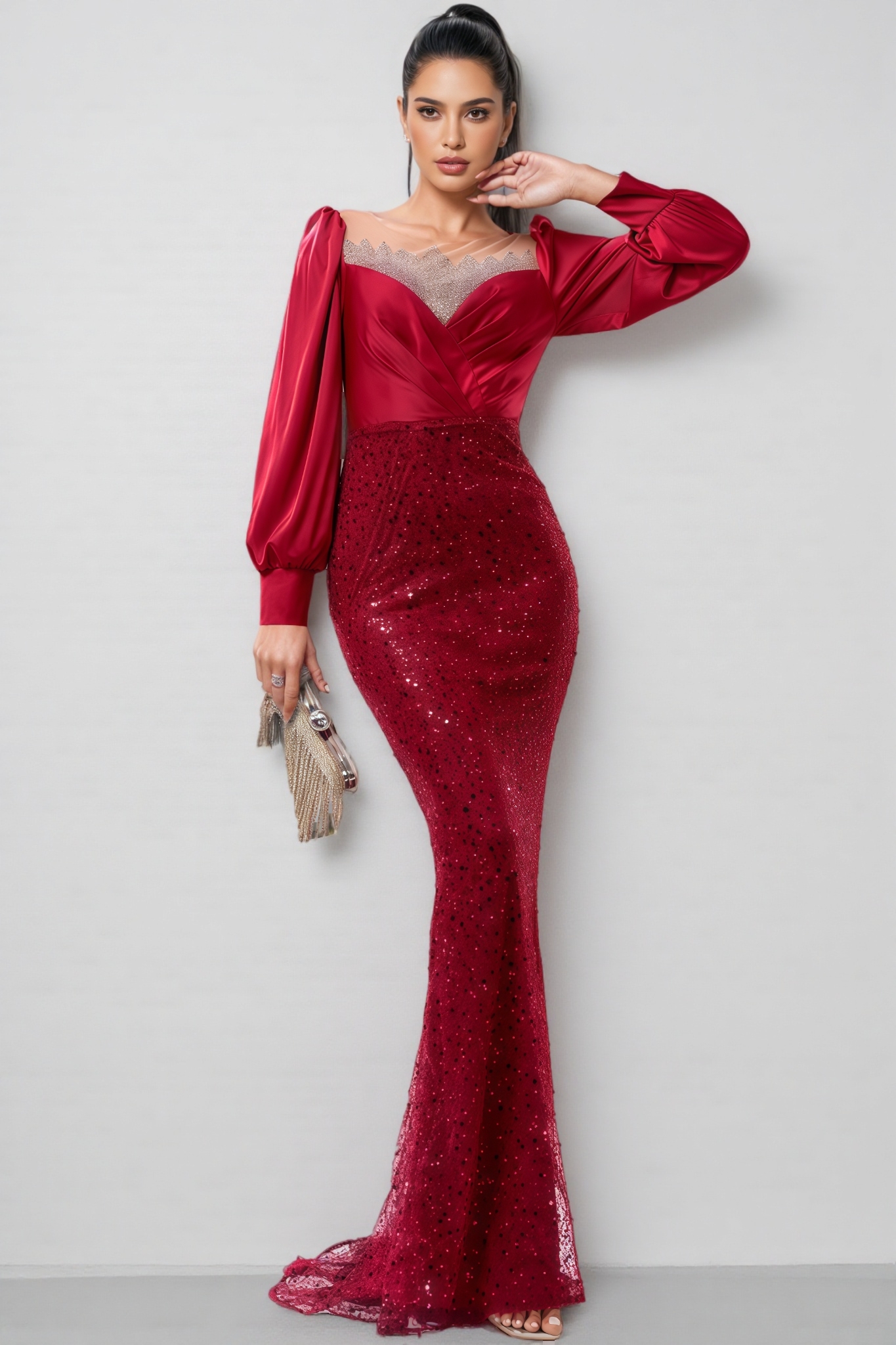 Paxton Red Round Neck Sequin Maxi Dress