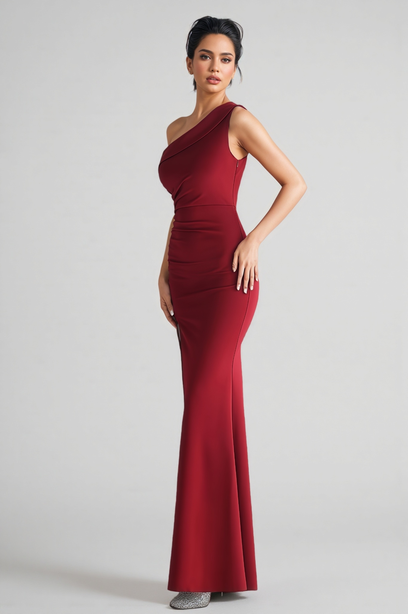 Umeko Burgundy One-Shoulder Pleated Maxi Dress