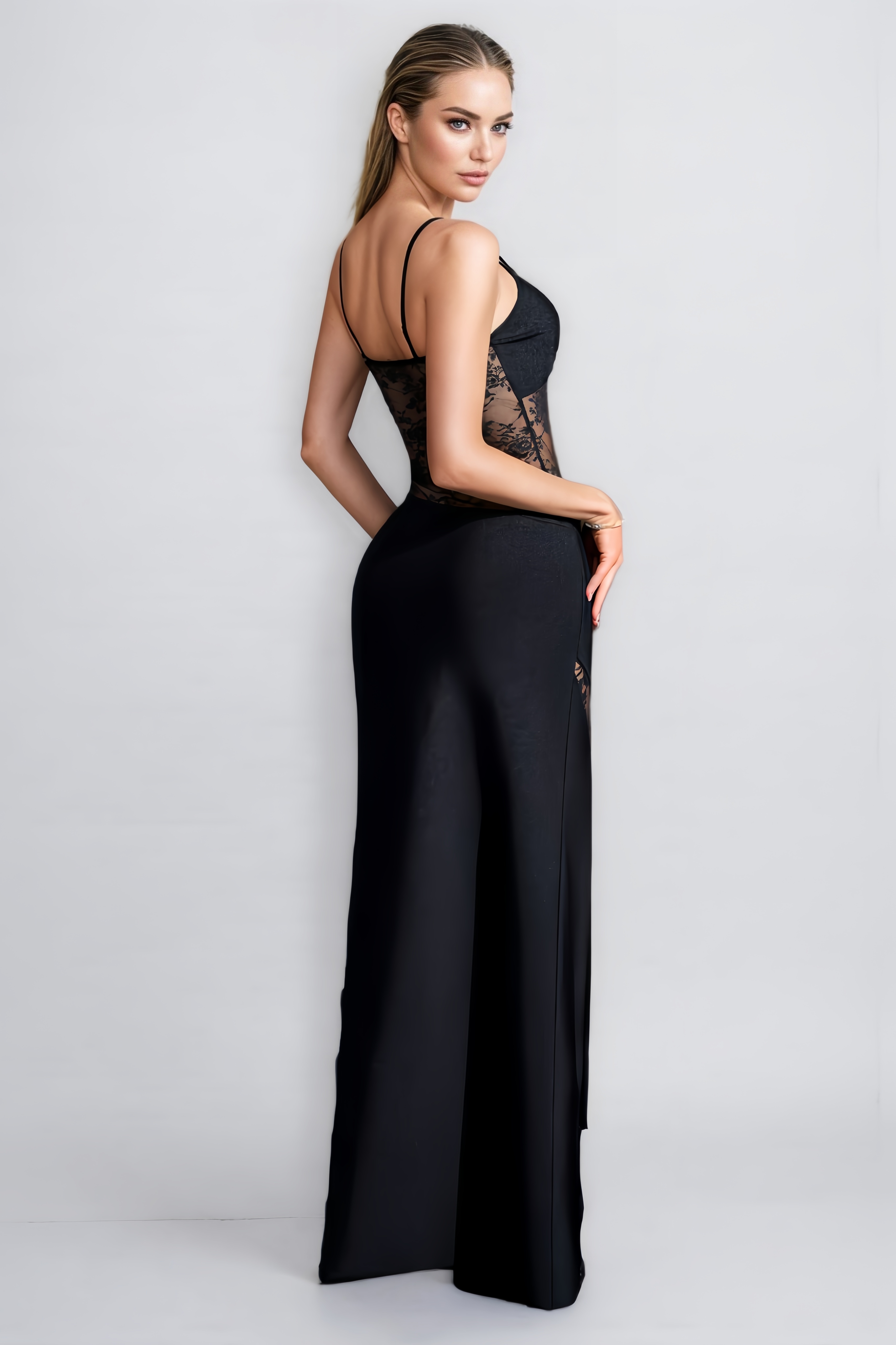 Gala Lace-Trimmed Bandage Maxi Dress