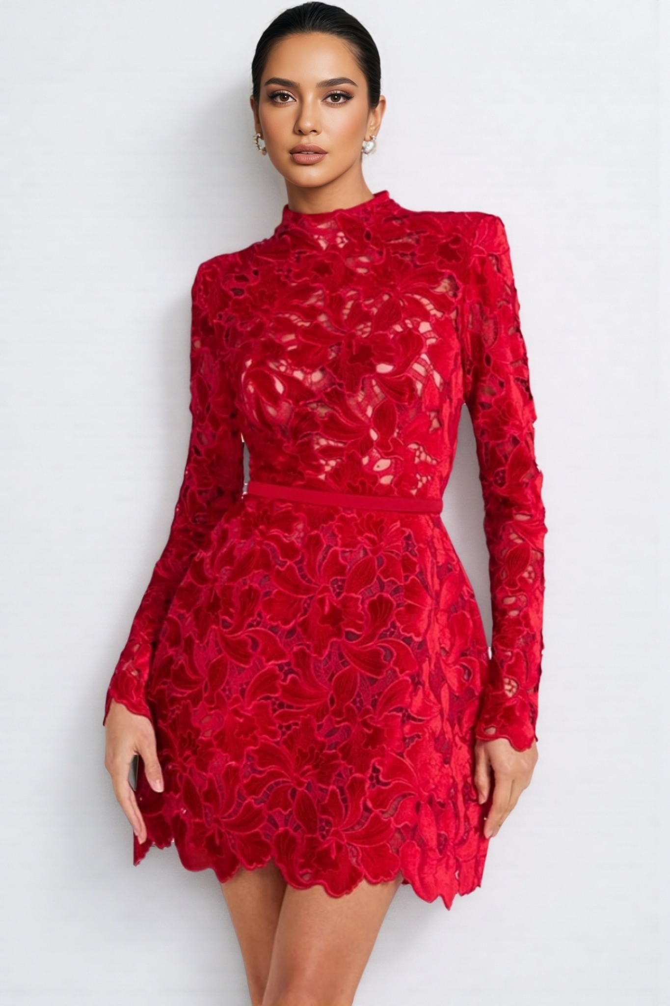 Beni Long Sleeve Lace Mini Dress-Red