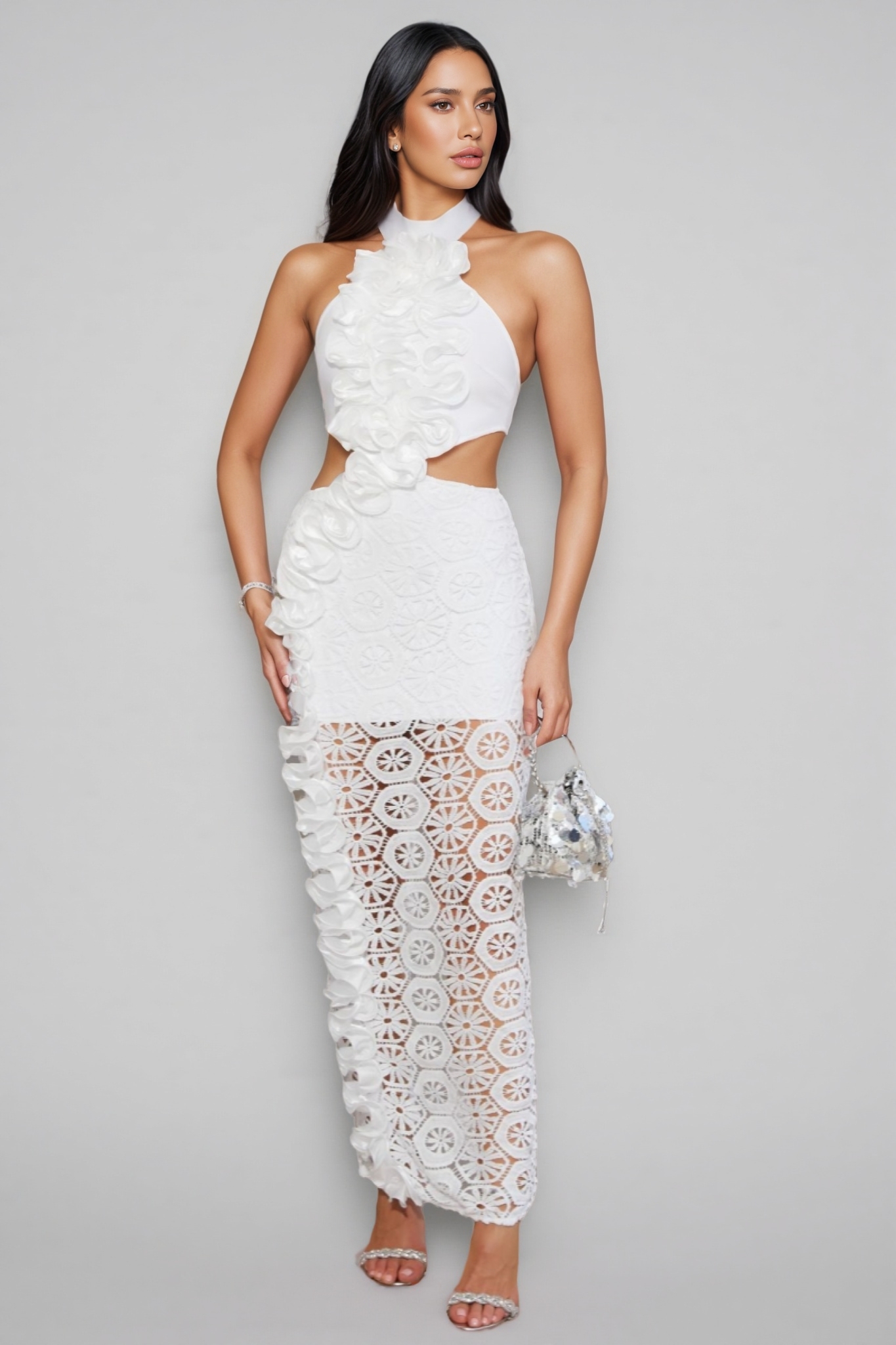 Vedilk 3D Lace Openwork Ruffled Maxi Dress