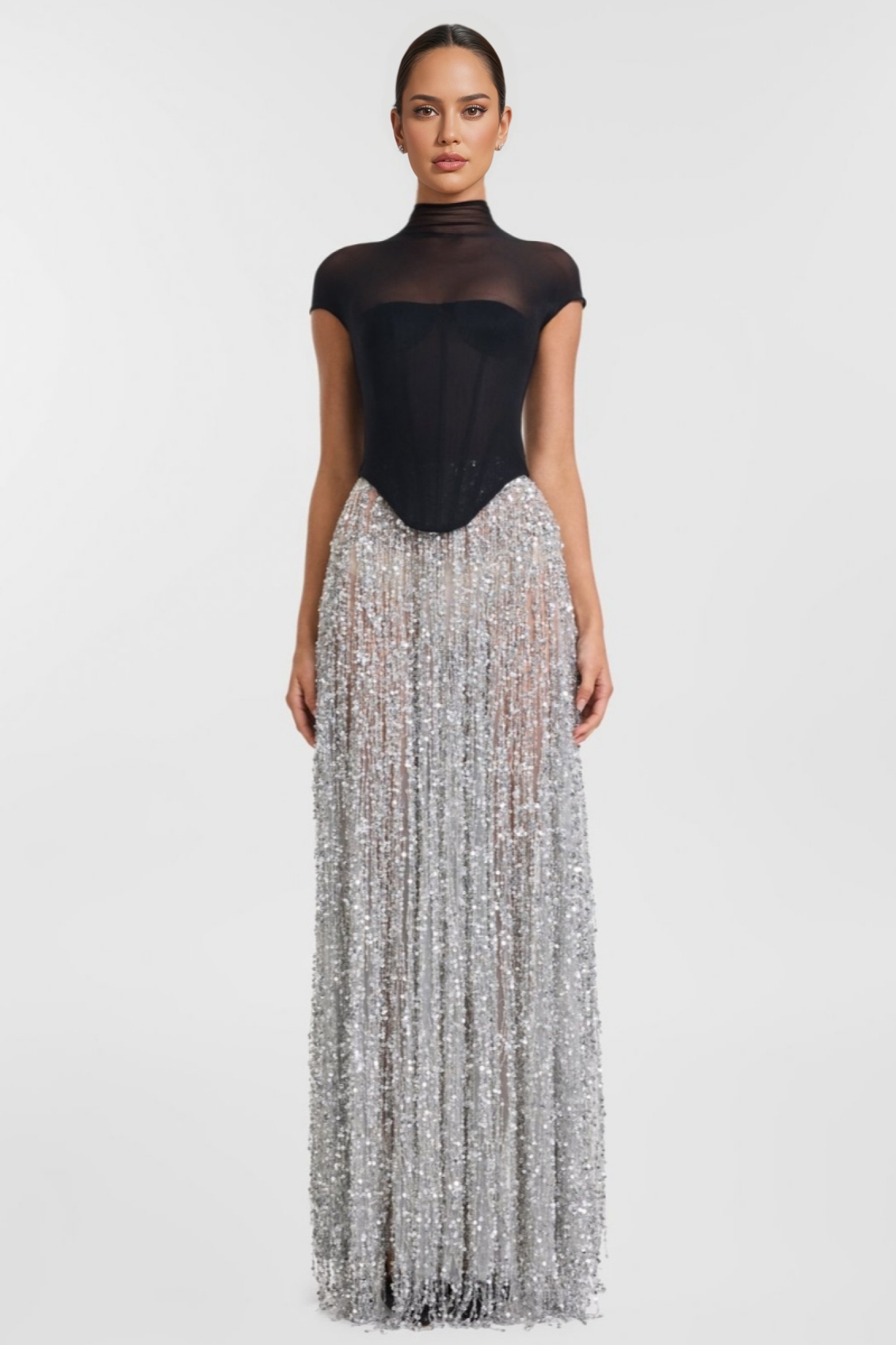 Xenia Fringe Beaded Maxi Dress Two Piece Set