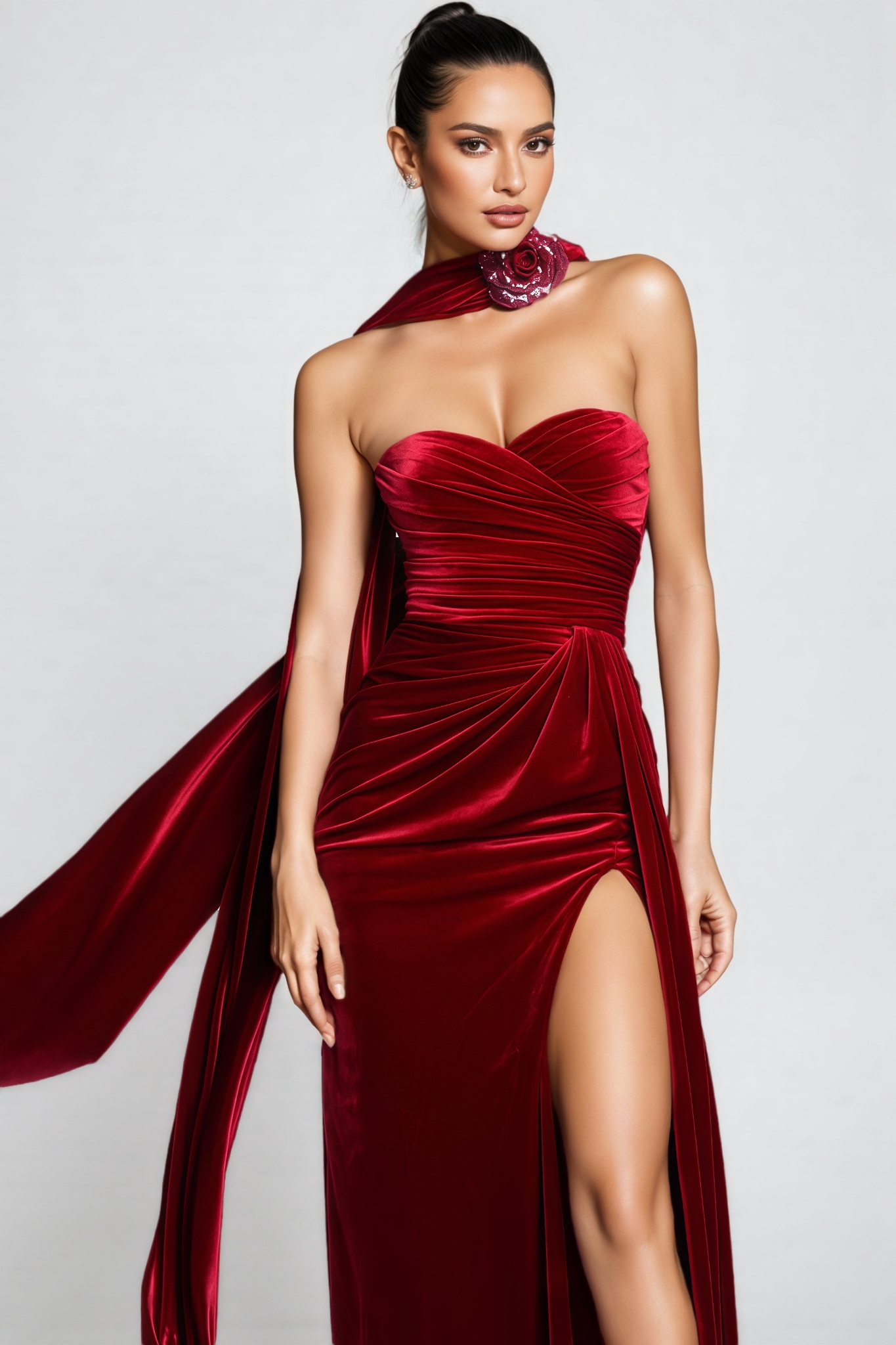 Megas Red 3D Floral Split Maxi Dress