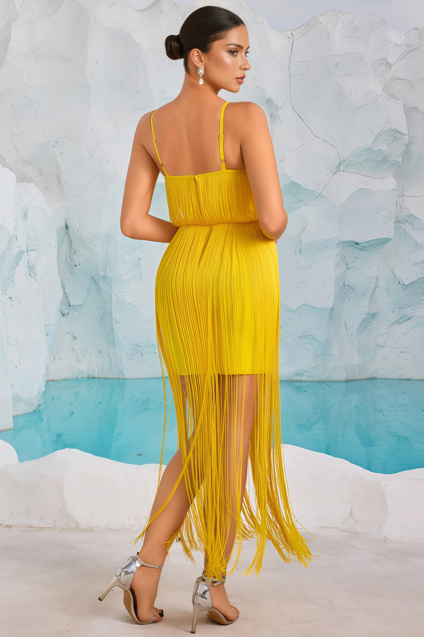 Cedrp Yellow Strapless Fringe Maxi Dress