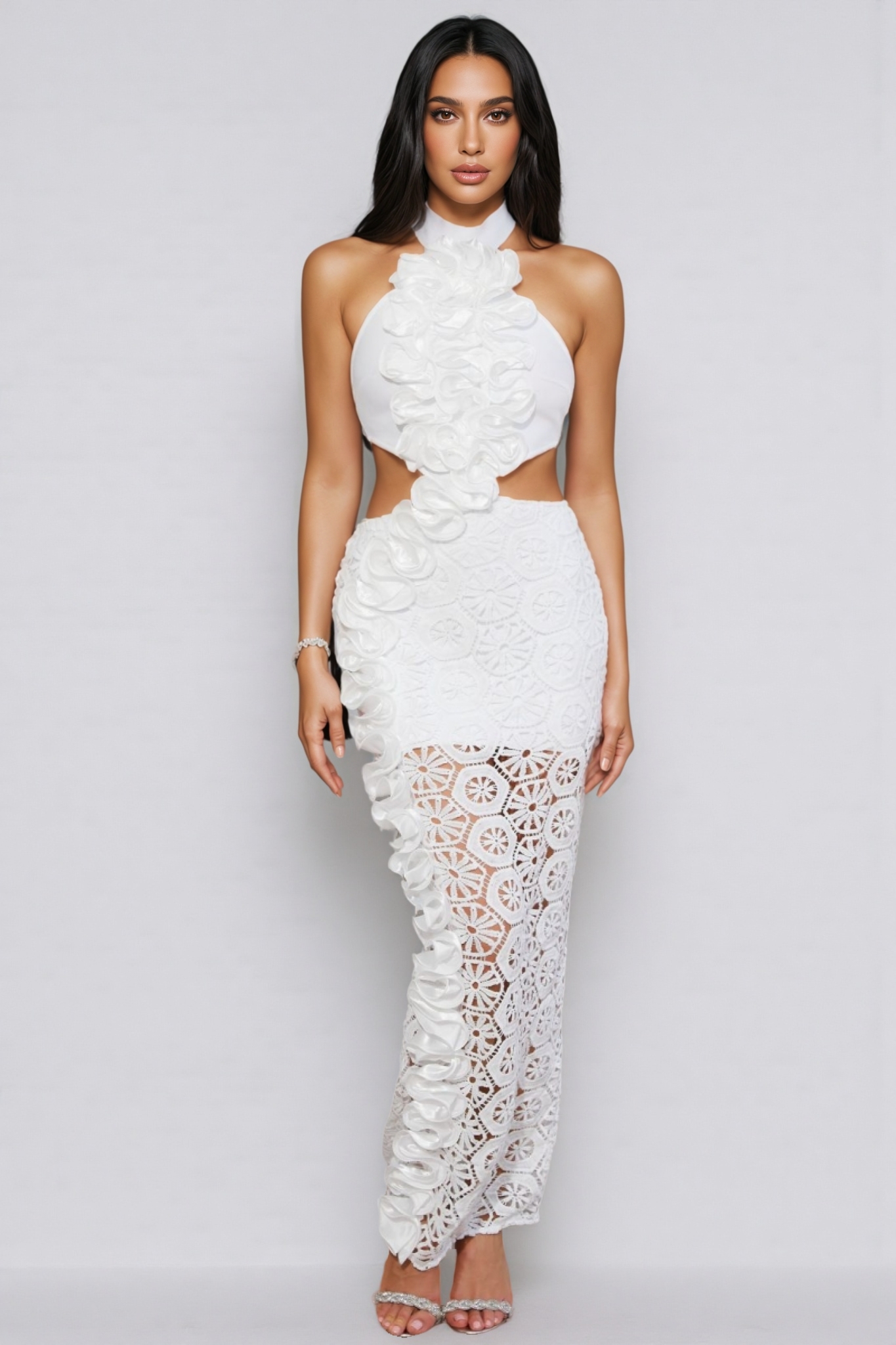 Vedilk 3D Lace Openwork Ruffled Maxi Dress