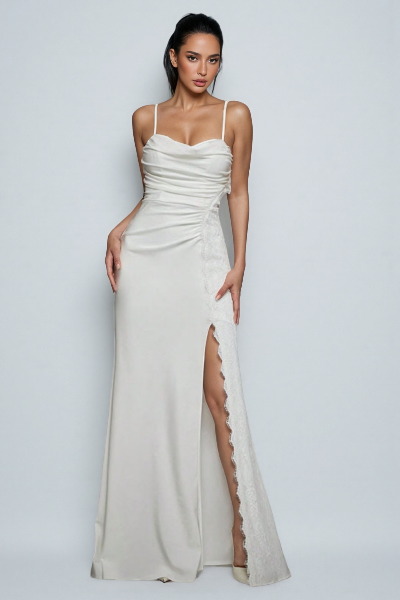 Xila White Split Satin Maxi Dress
