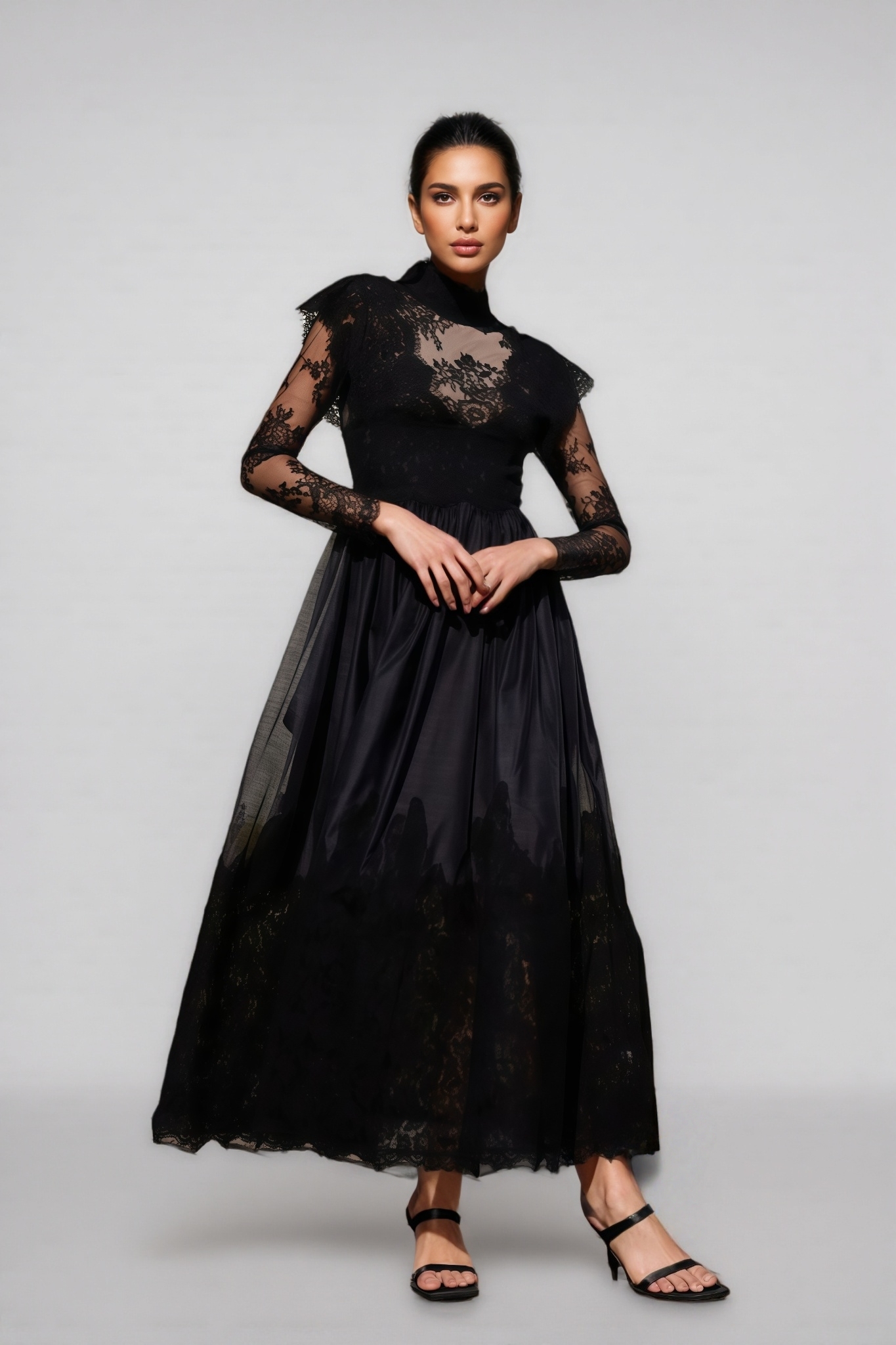 Milda Black Floral Lace Stitching Maxi Dress