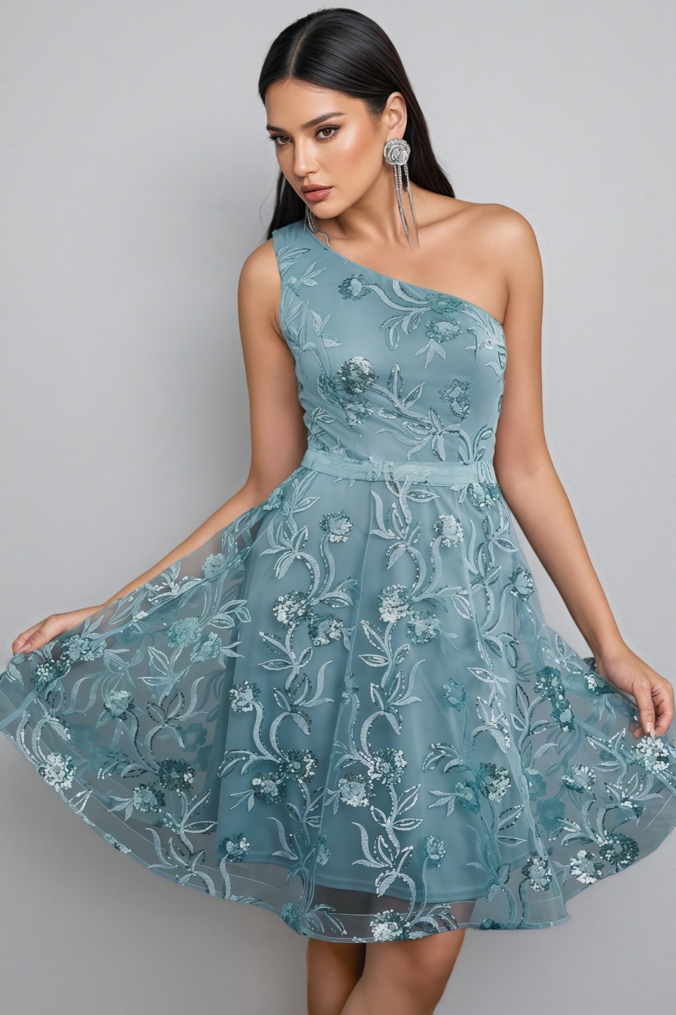 Flinl Green One-Shoulder Mesh Mini Dress