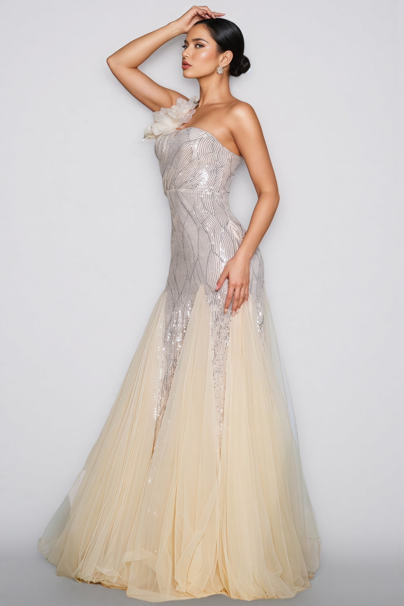 Trevt Single Shoulder Sequined Slit Maxi Dress