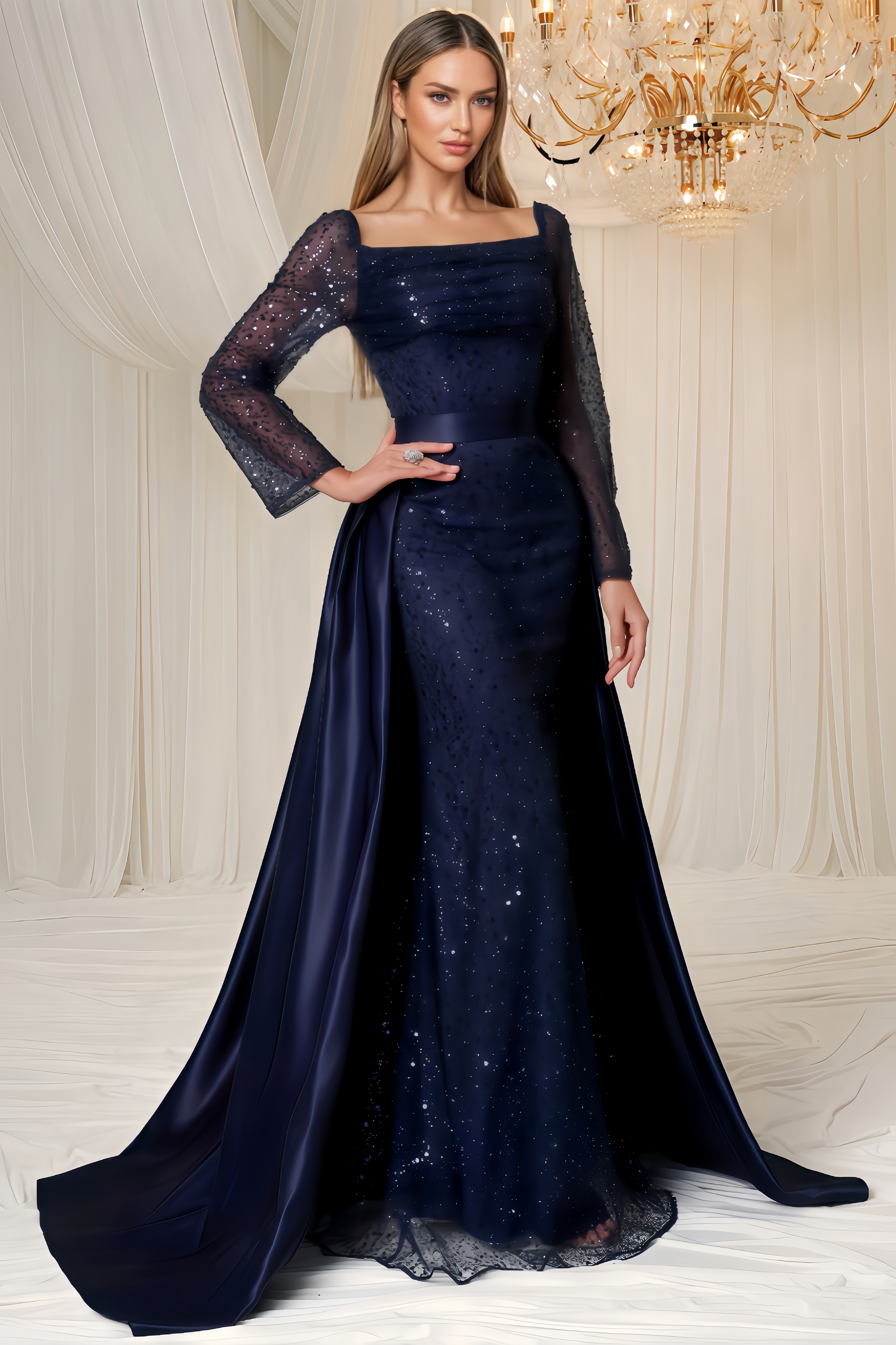 Jonilt Sequin Cape Detachable Two-Piece Maxi Dress