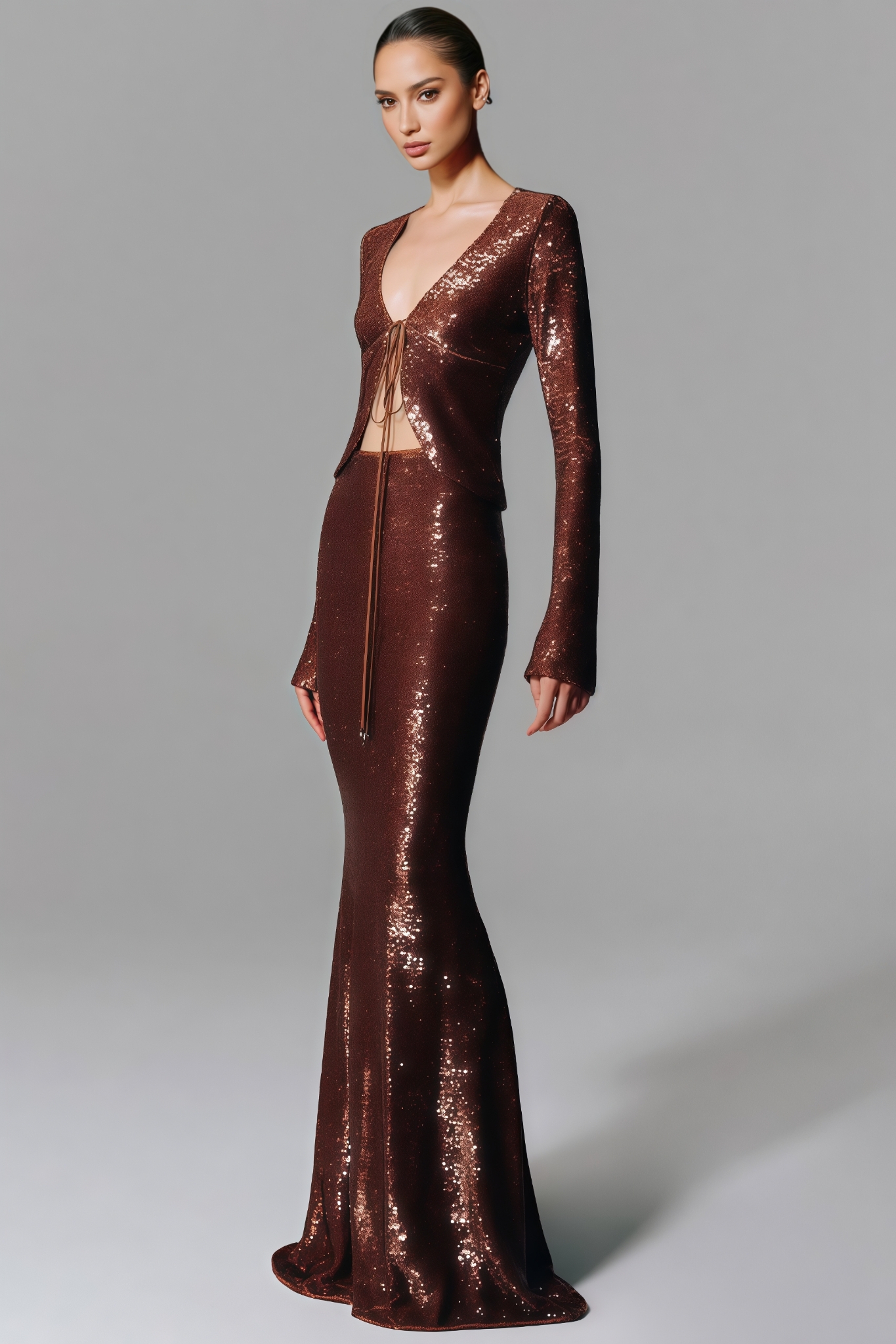 Matede Brown Sequin Fishtail Maxi Dress Set
