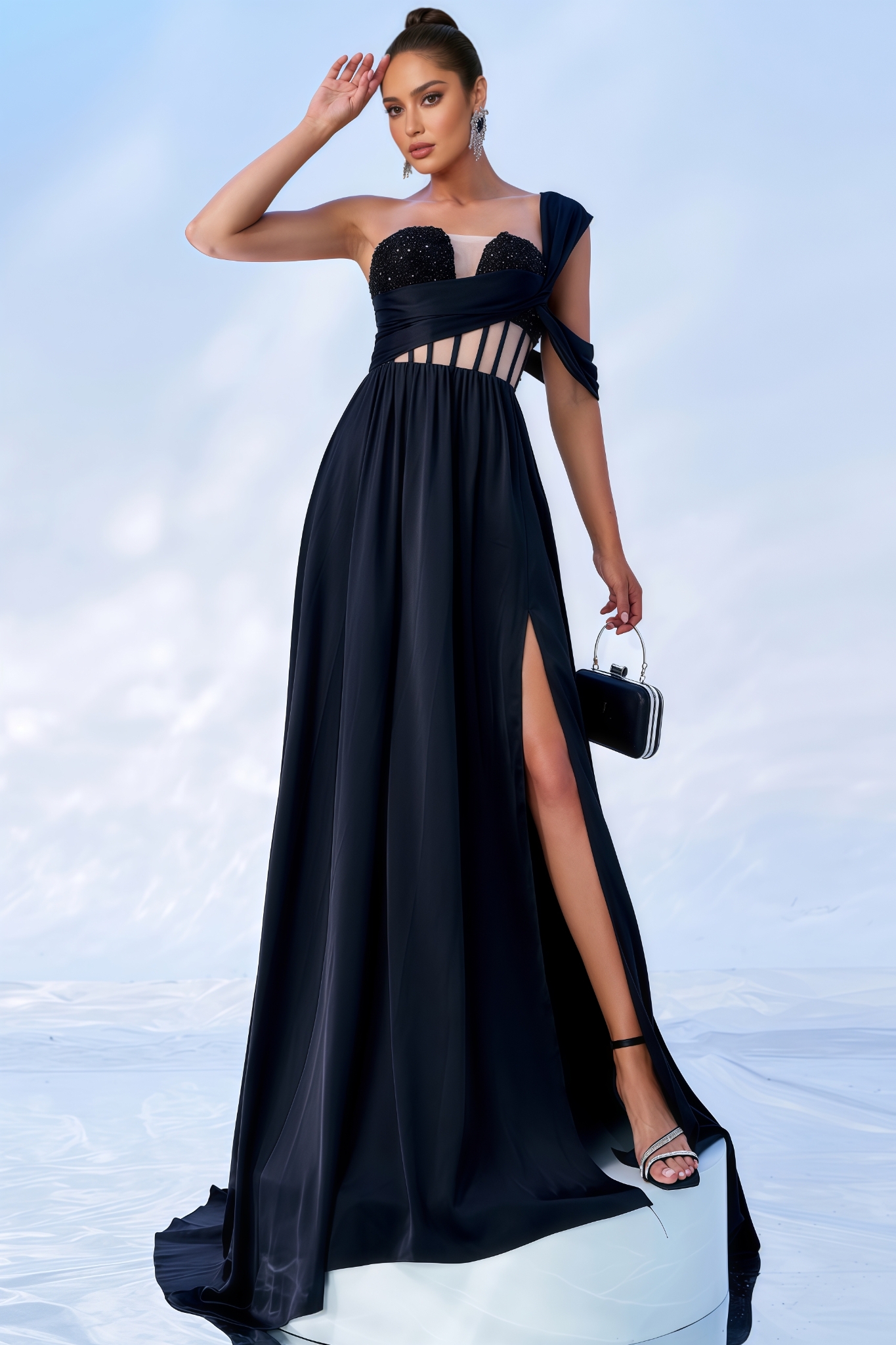 Levia Single Shoulder Sequin Slit Maxi Dress