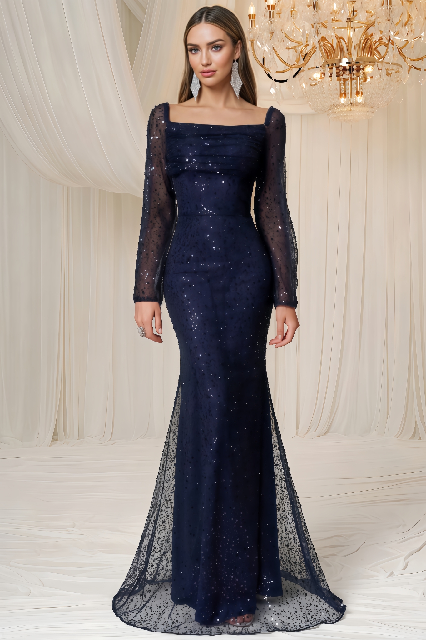 Jonilt Sequin Cape Detachable Two-Piece Maxi Dress