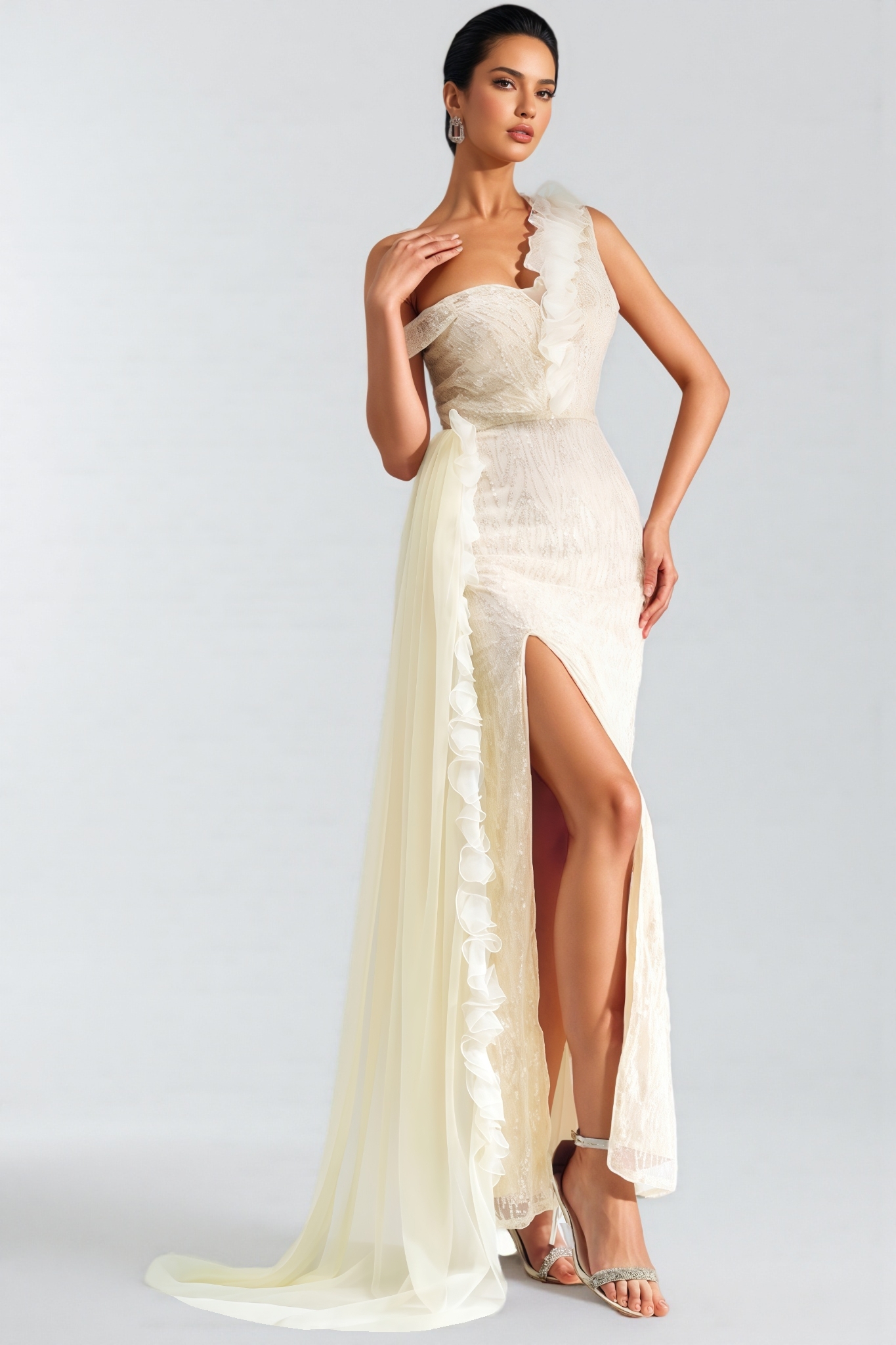 Cadie Strapless Split Mesh Maxi Dress